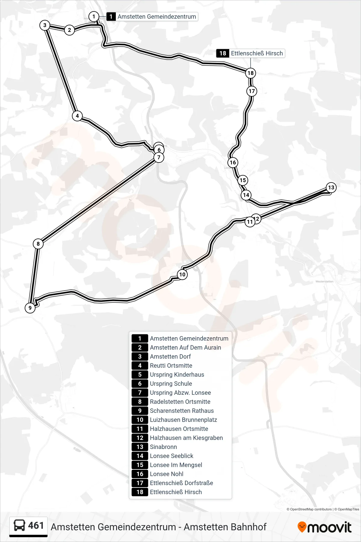 Linie 461 (Bus) Richtung Amstetten Gemeindezentrum: Route und Haltestellen auf der Karte