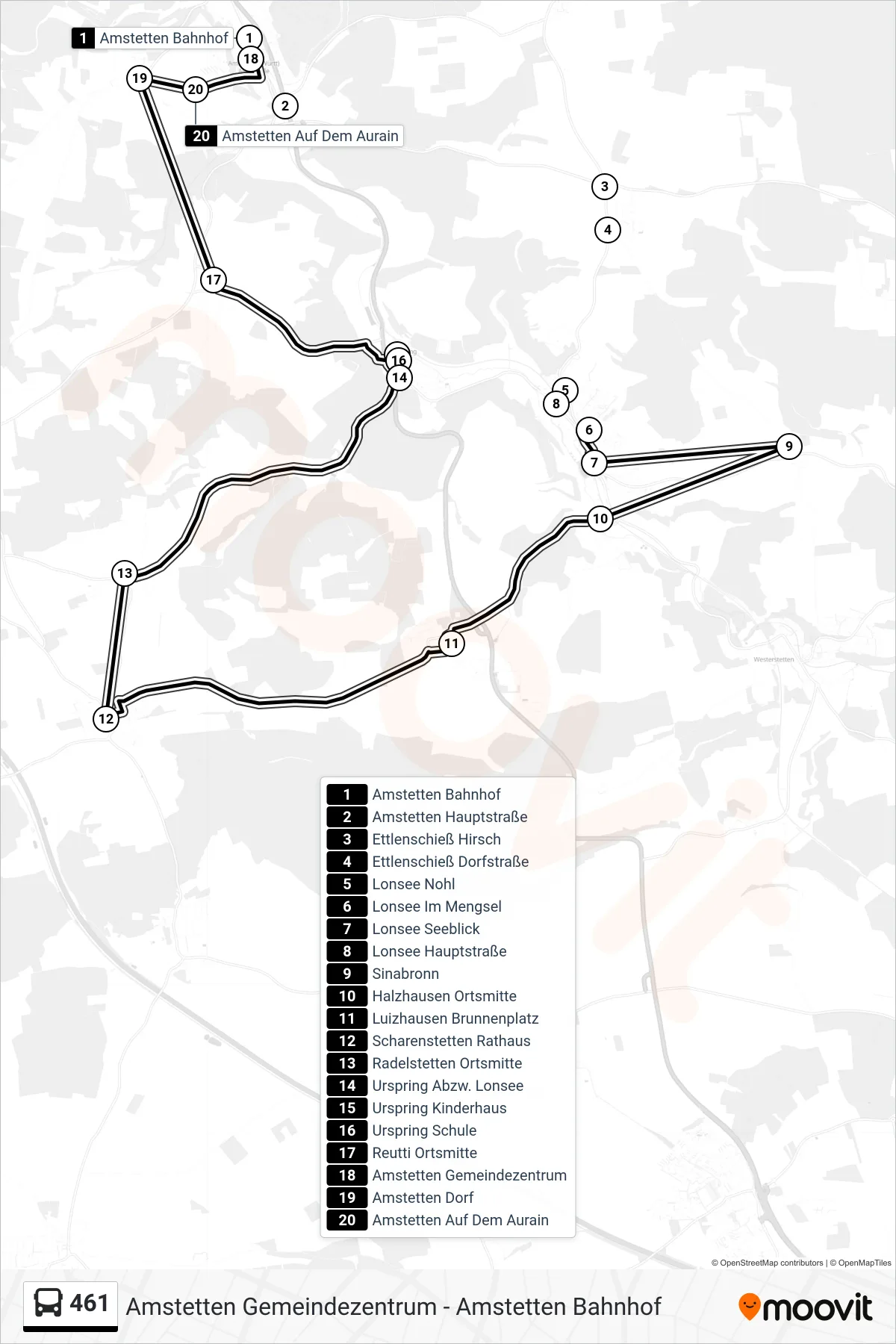 461 bus Line (Amstetten Gemeindezentrum) route and stops on a map