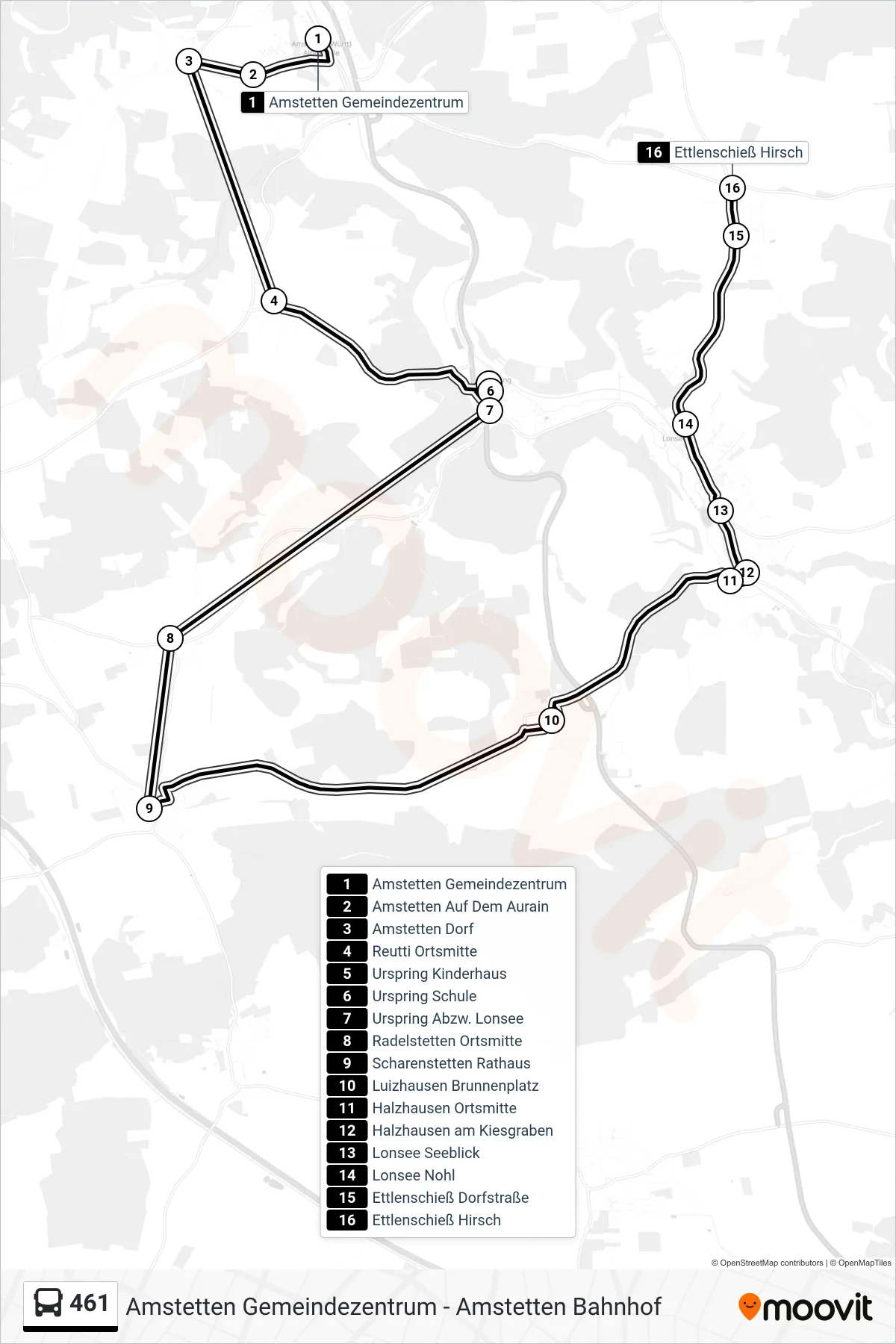 461 bus Line (Ettlenschieß Hirsch) route and stops on a map
