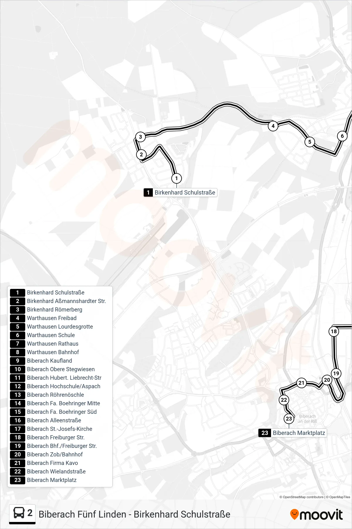 Linie 2 (Bus) Richtung Biberach Marktplatz: Route und Haltestellen auf der Karte