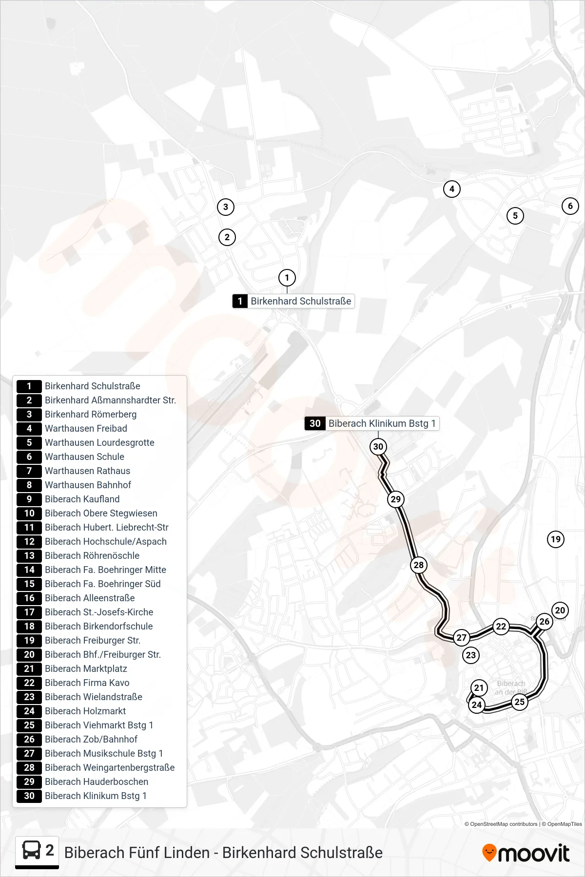 2 bus Line (Biberach Klinikum) route and stops on a map