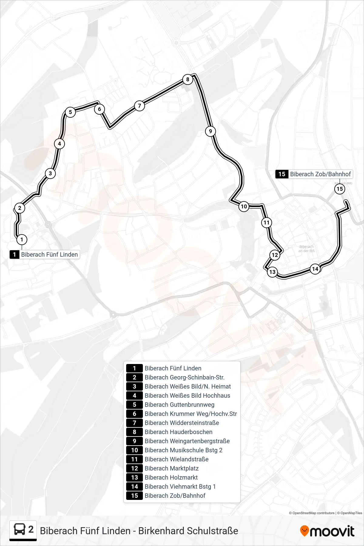 2 bus Line (Biberach Zob/Bahnhof) route and stops on a map