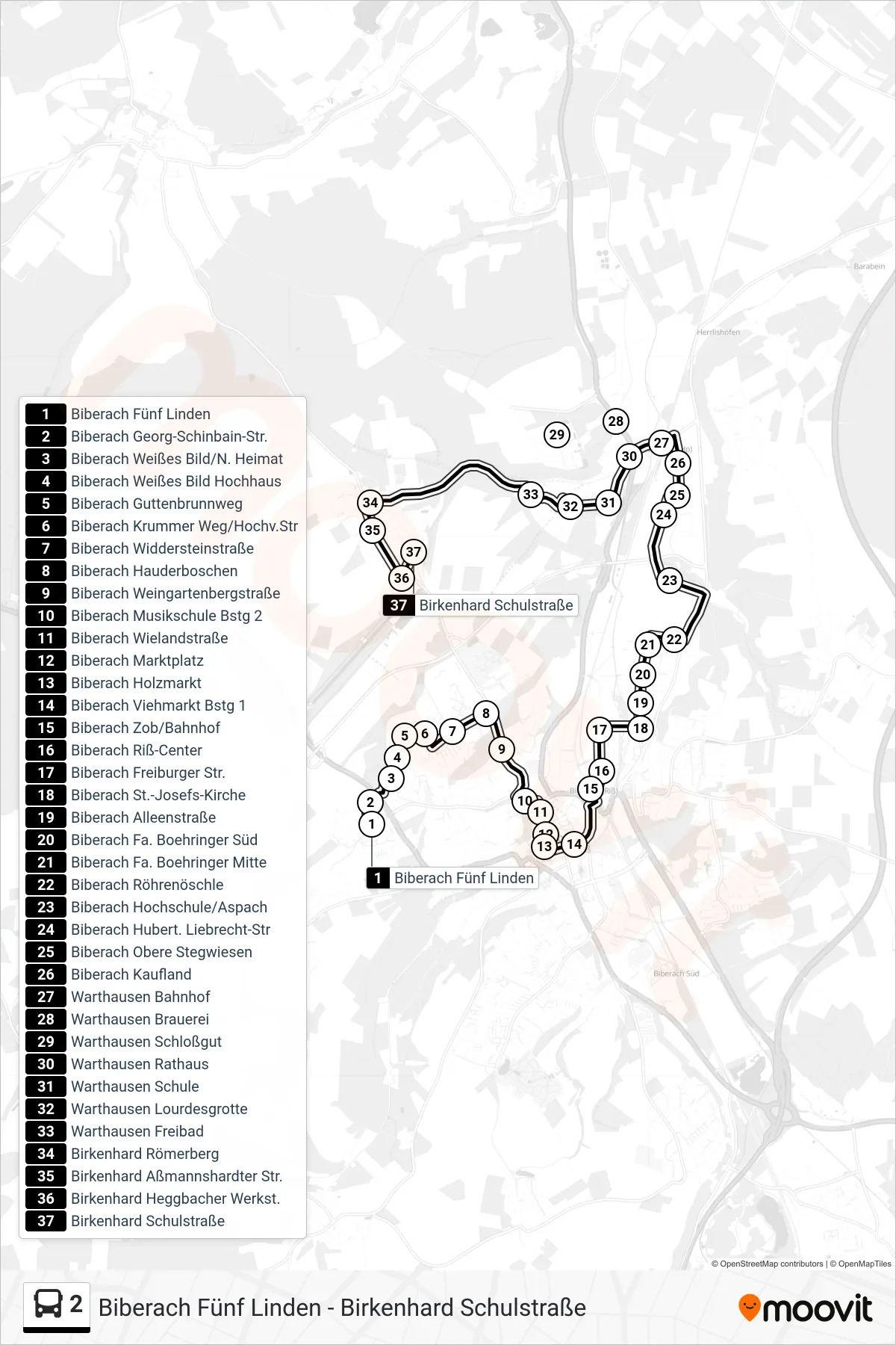 2 bus Line (Birkenhard Schulstraße) route and stops on a map