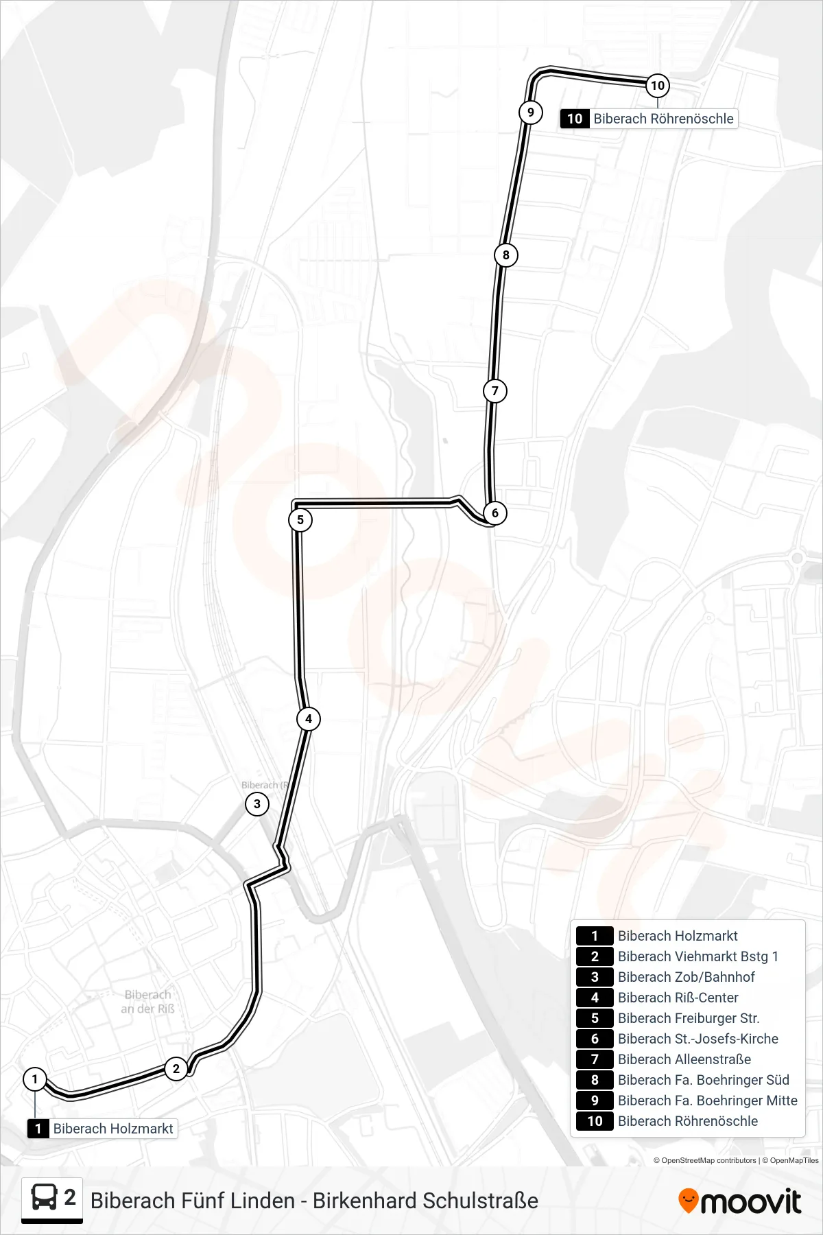 2 bus Line (Biberach Röhrenöschle) route and stops on a map