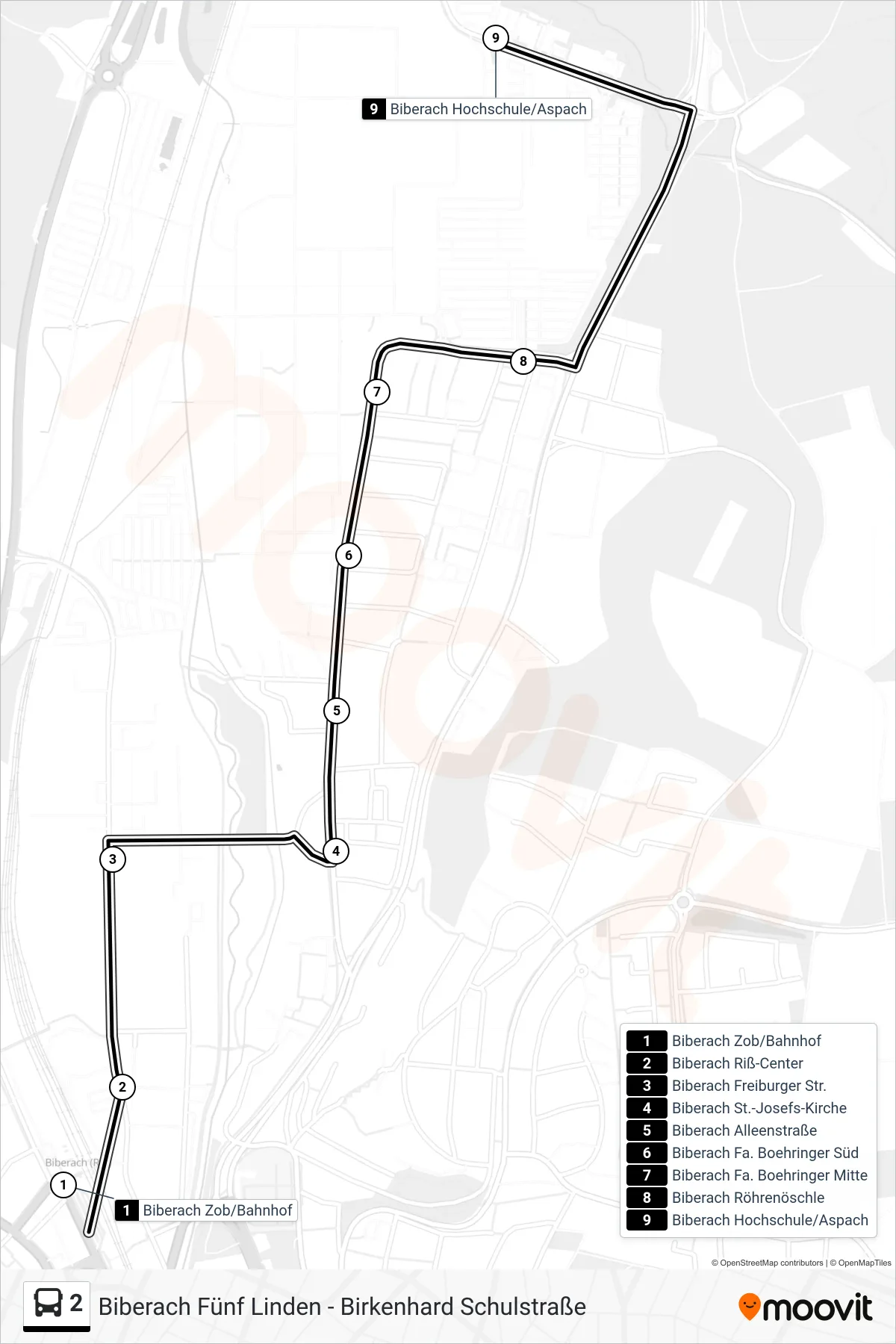 2 bus Line (Biberach Hochschule/Aspach) route and stops on a map