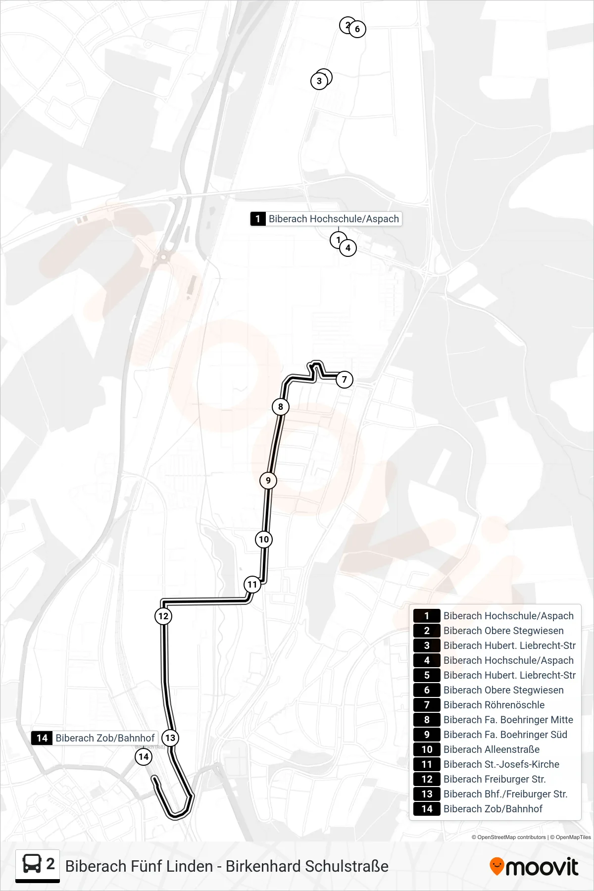 2 bus Line (Biberach Zob/Bahnhof) route and stops on a map