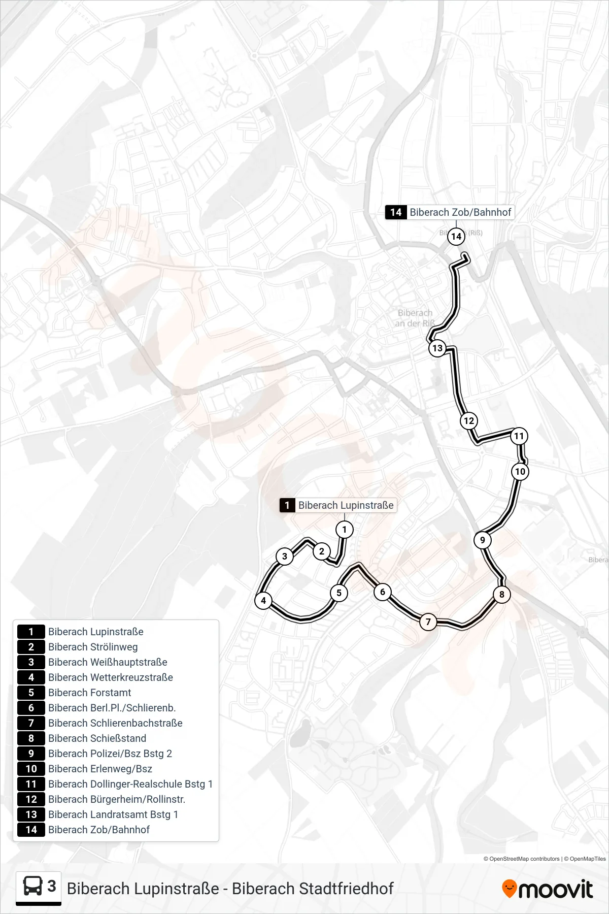 3 bus Line (Biberach Zob/Bahnhof) route and stops on a map