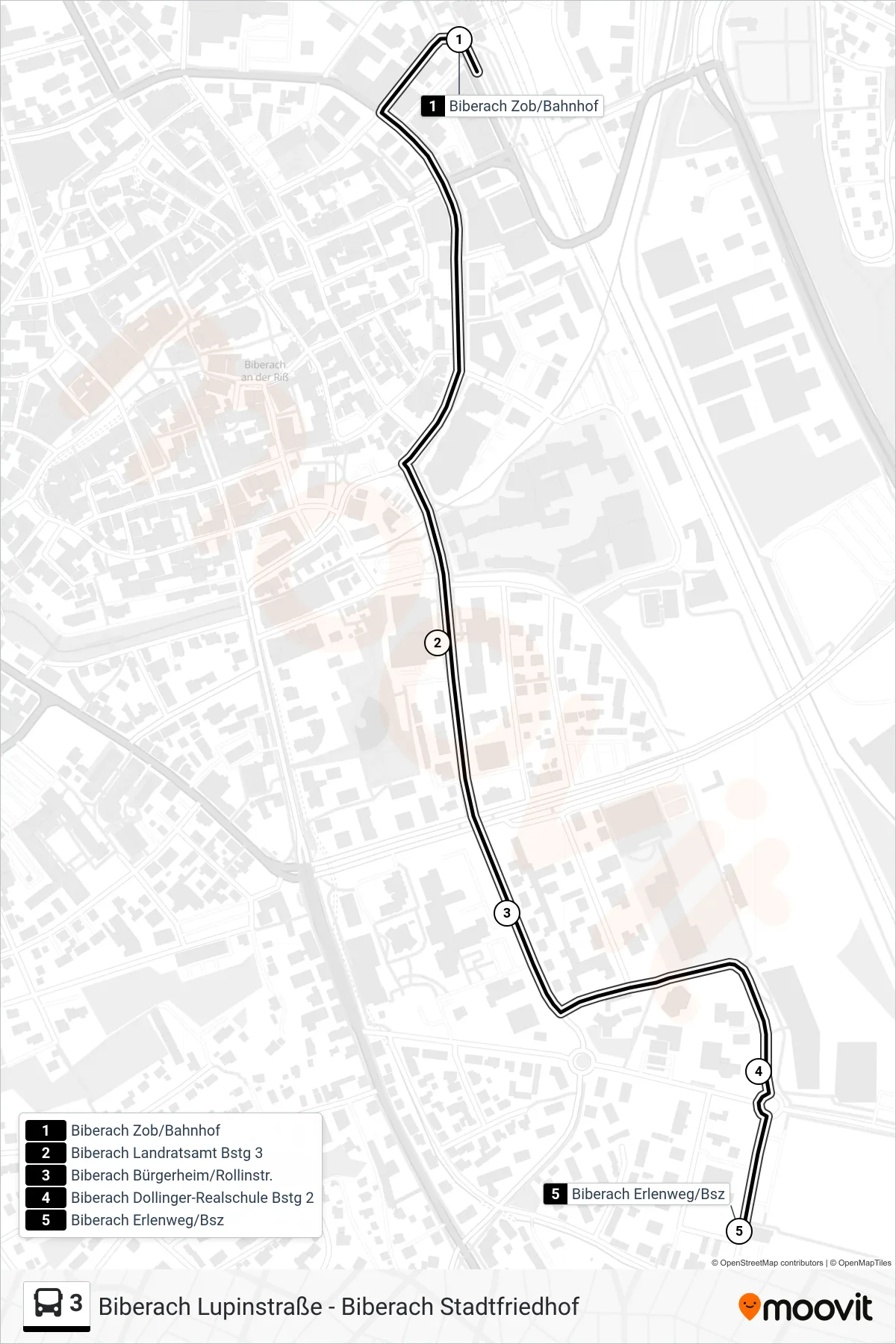 3 bus Line (Biberach Erlenweg/Bsz) route and stops on a map