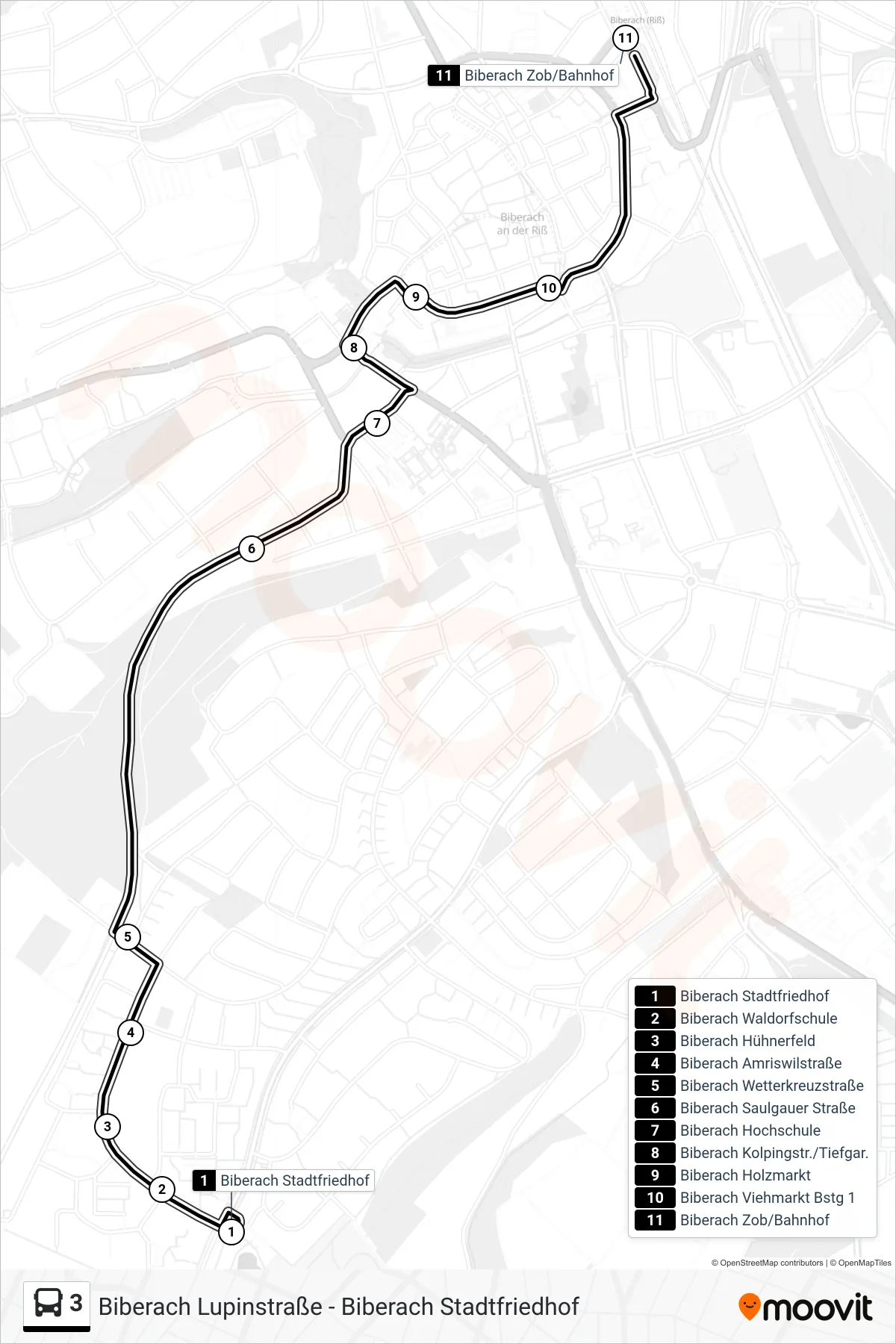 3 bus Line (Biberach Zob/Bahnhof) route and stops on a map
