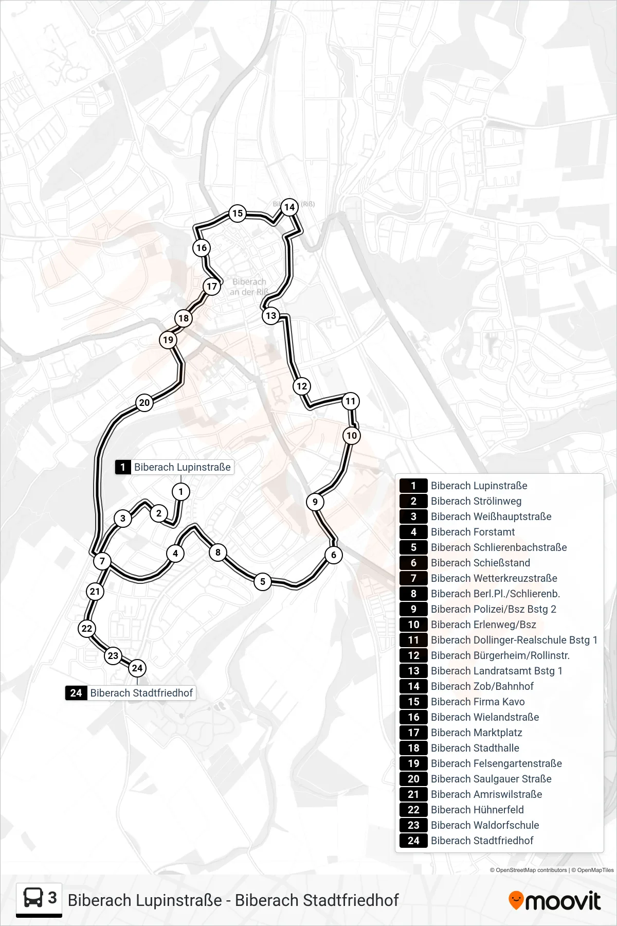 3 bus Line (Biberach Stadtfriedhof) route and stops on a map