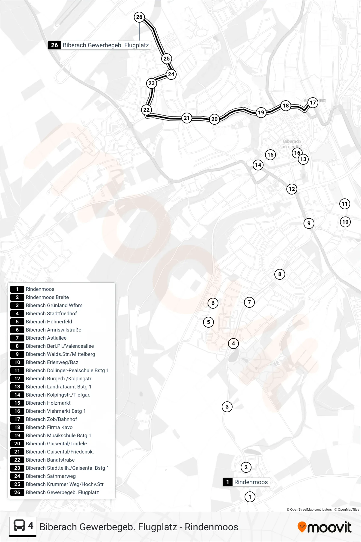 4 bus Line (Biberach Gewerbegeb. Flugplatz) route and stops on a map