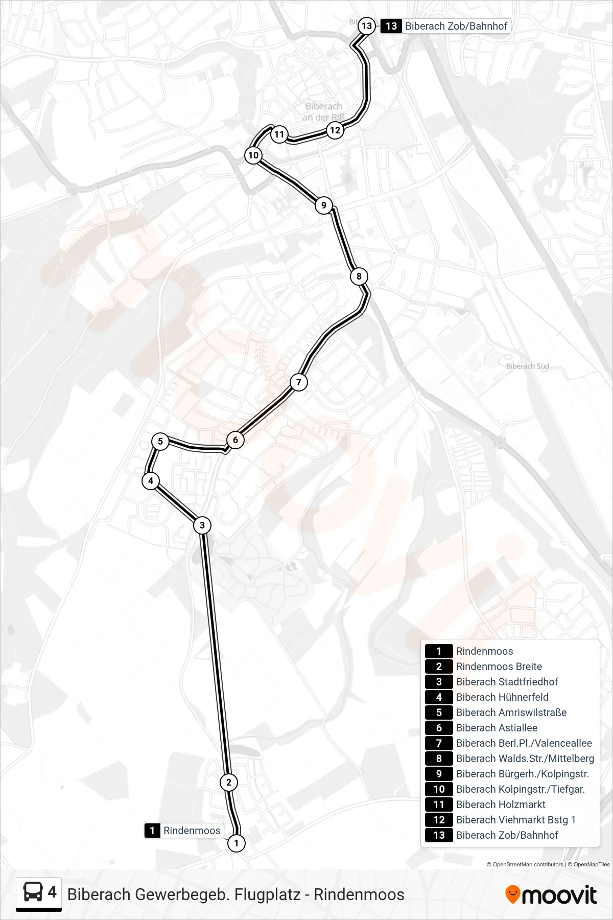 4 bus Line (Biberach Zob/Bahnhof) route and stops on a map