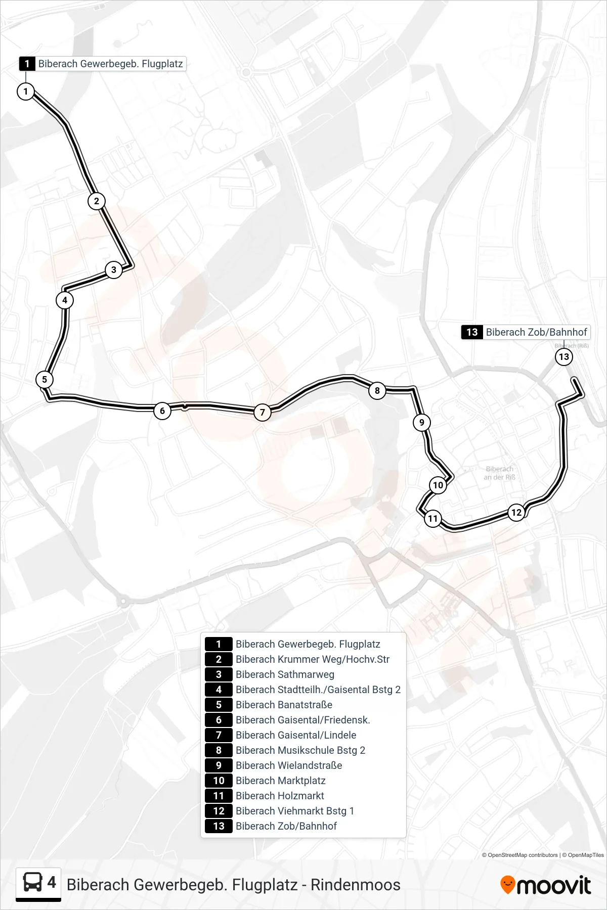 Linie 4 (Bus) Richtung Biberach Zob/Bahnhof: Route und Haltestellen auf der Karte
