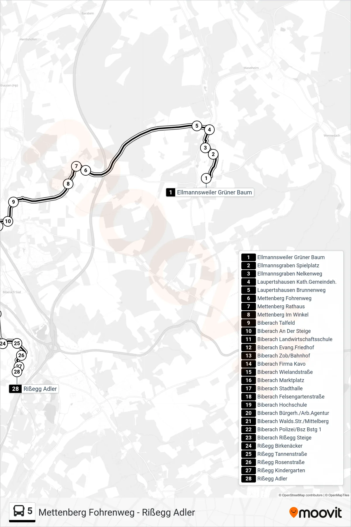 5 bus Line (Rißegg Adler) route and stops on a map