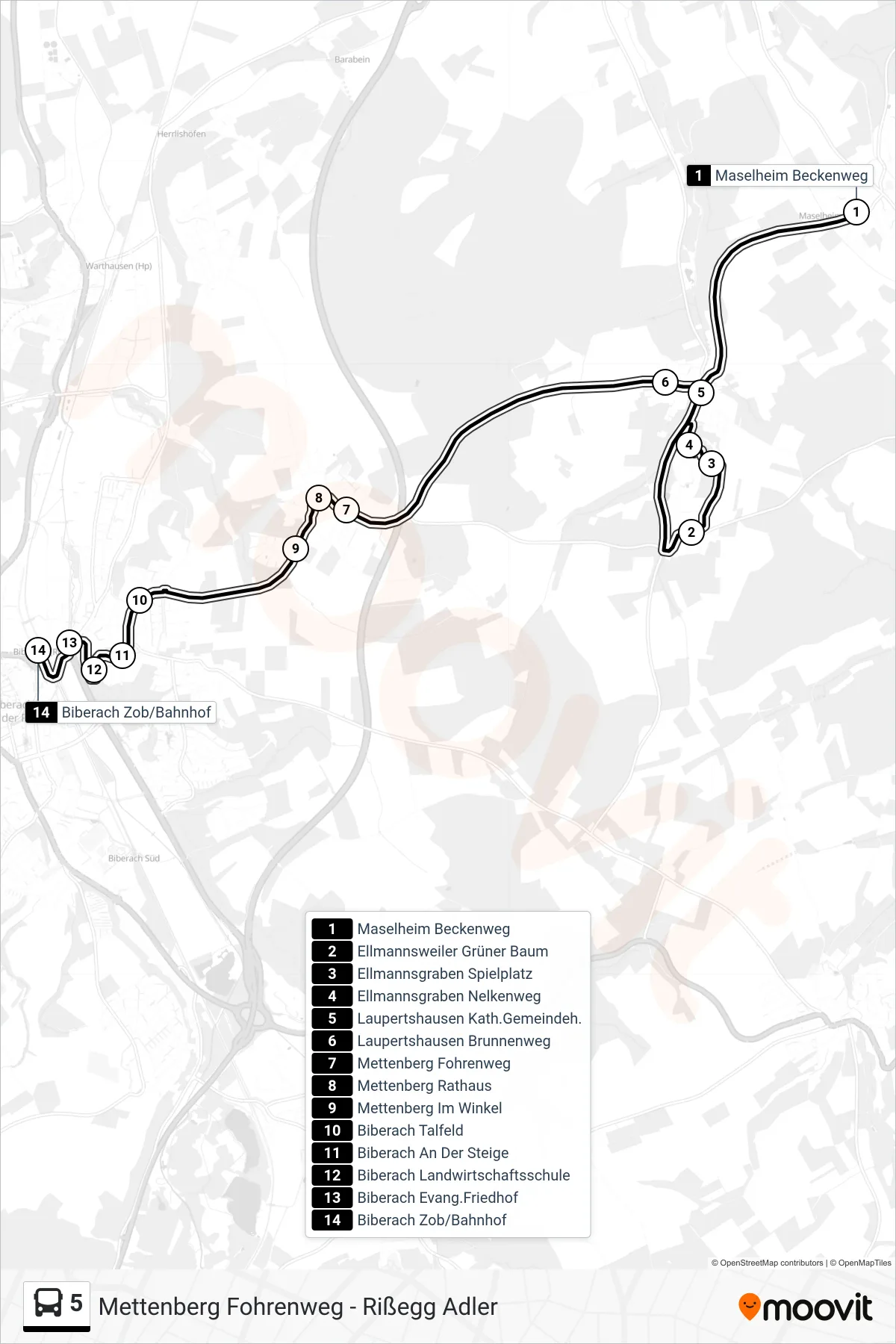 5 bus Line (Biberach Zob/Bahnhof) route and stops on a map