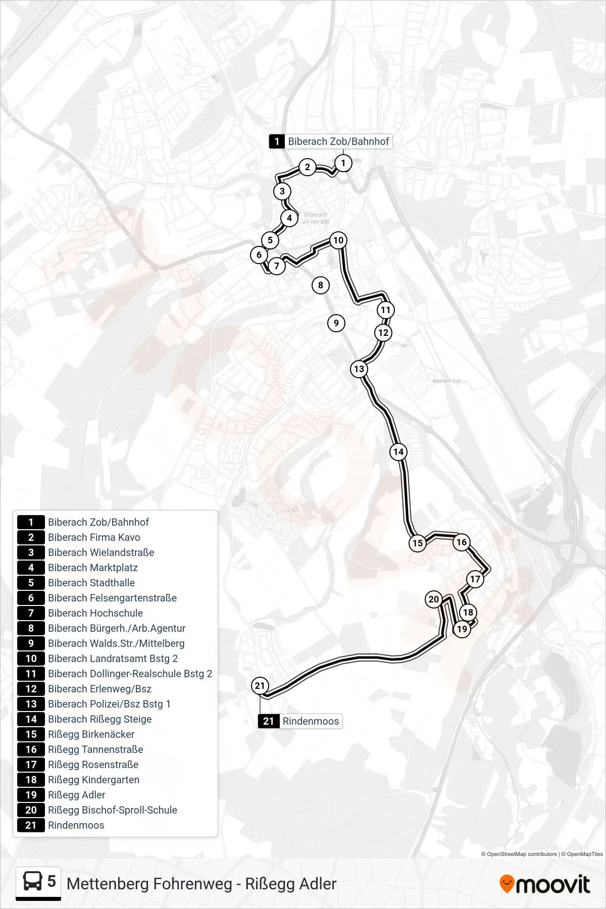 5 bus Line (Rindenmoos) route and stops on a map