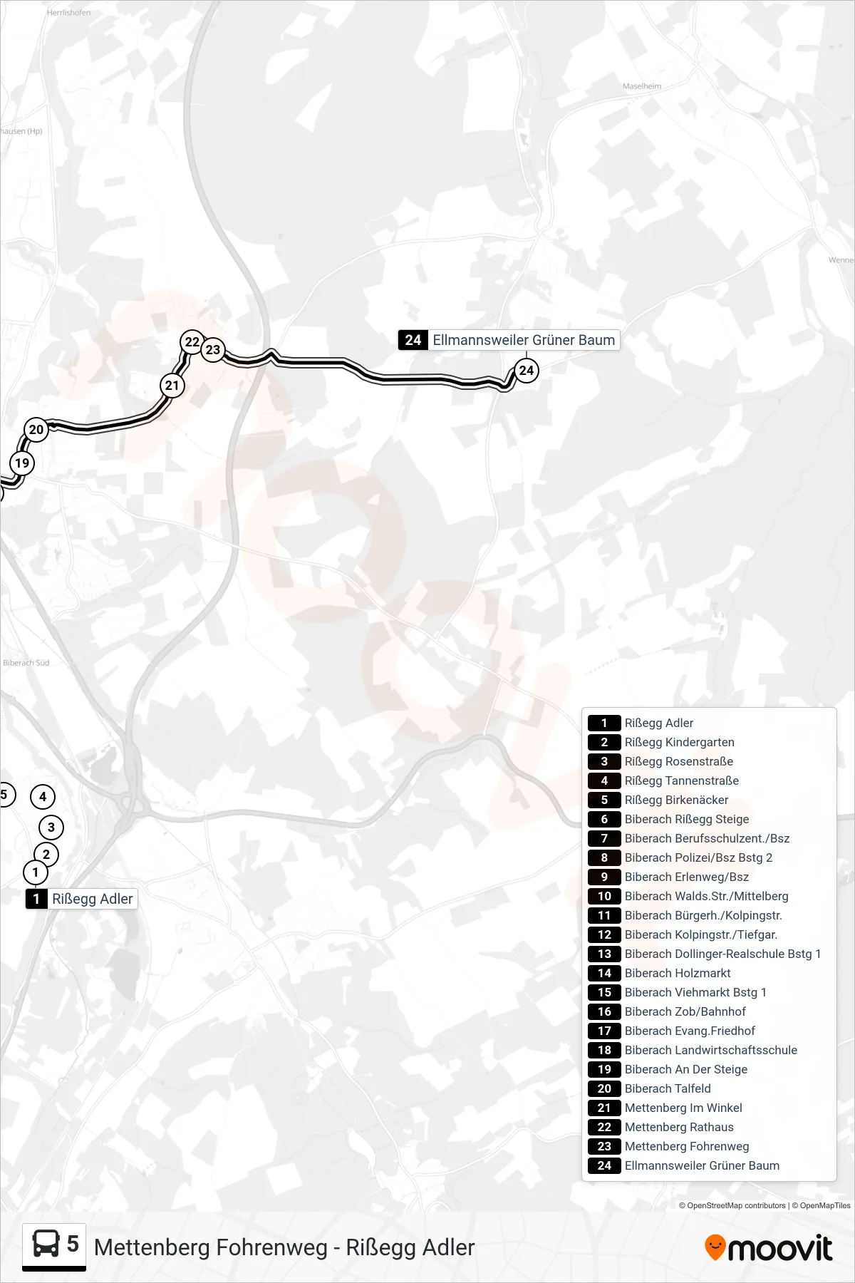 5 bus Line (Ellmannsweiler Grüner Baum) route and stops on a map