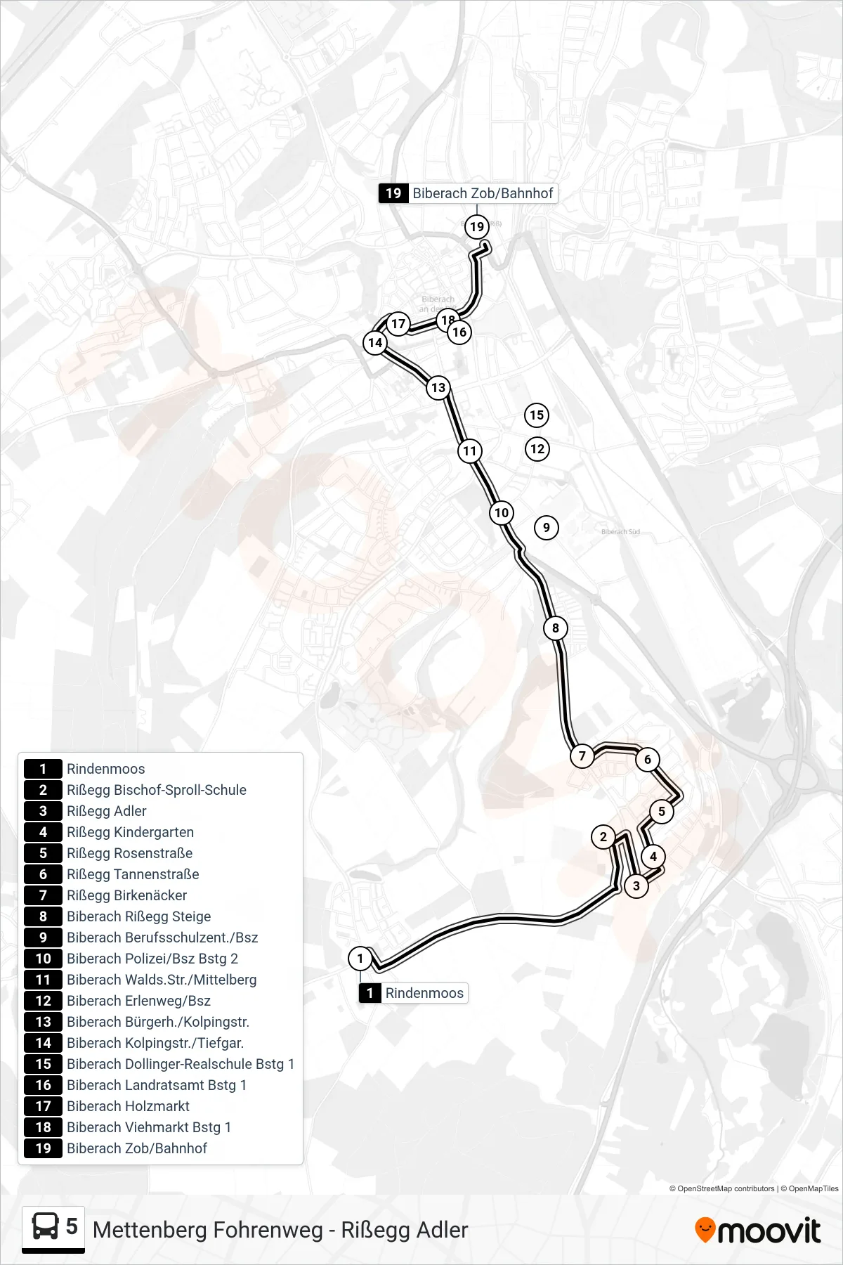 5 bus Line (Biberach Zob/Bahnhof) route and stops on a map