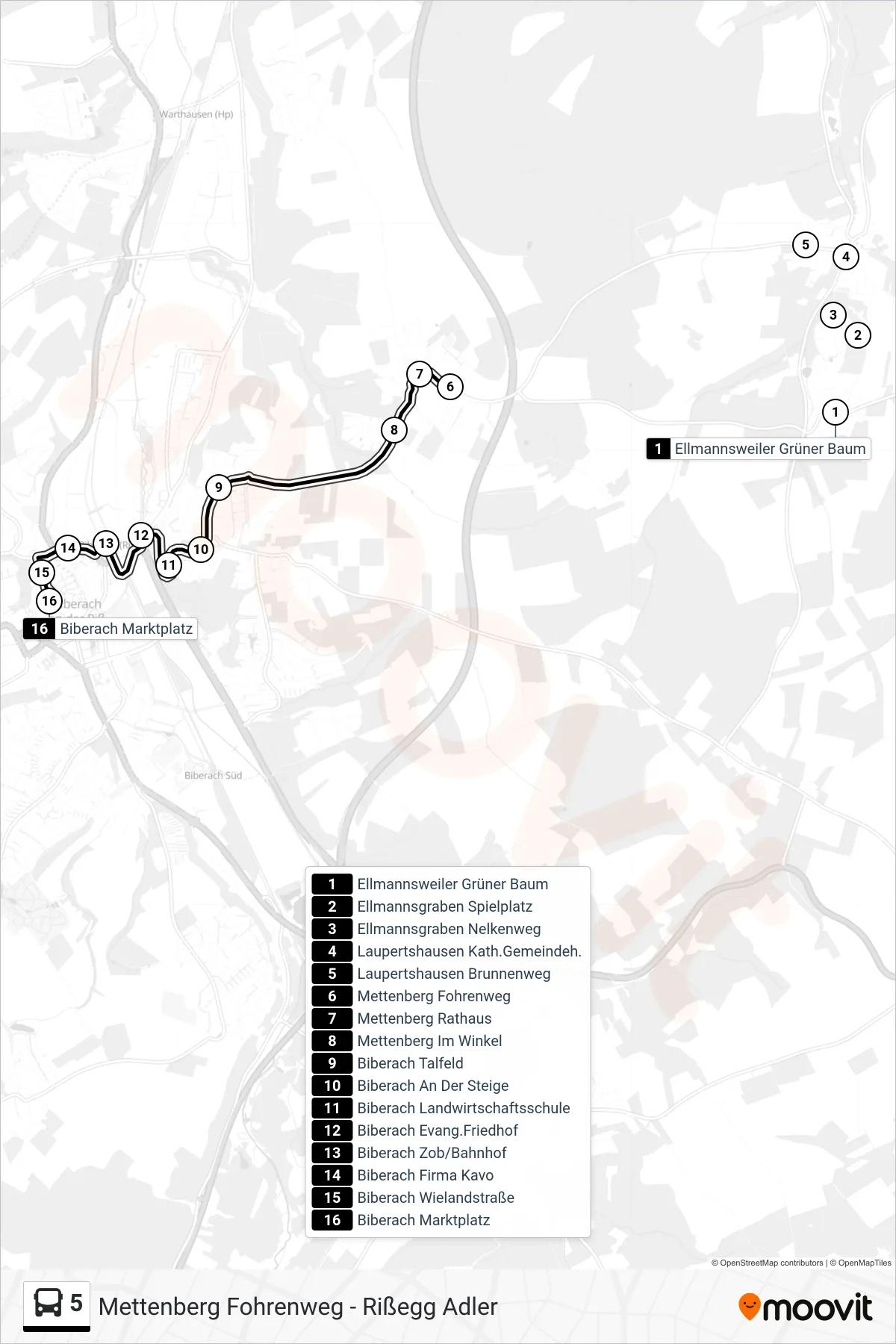 Linie 5 (Bus) Richtung Biberach Marktplatz: Route und Haltestellen auf der Karte