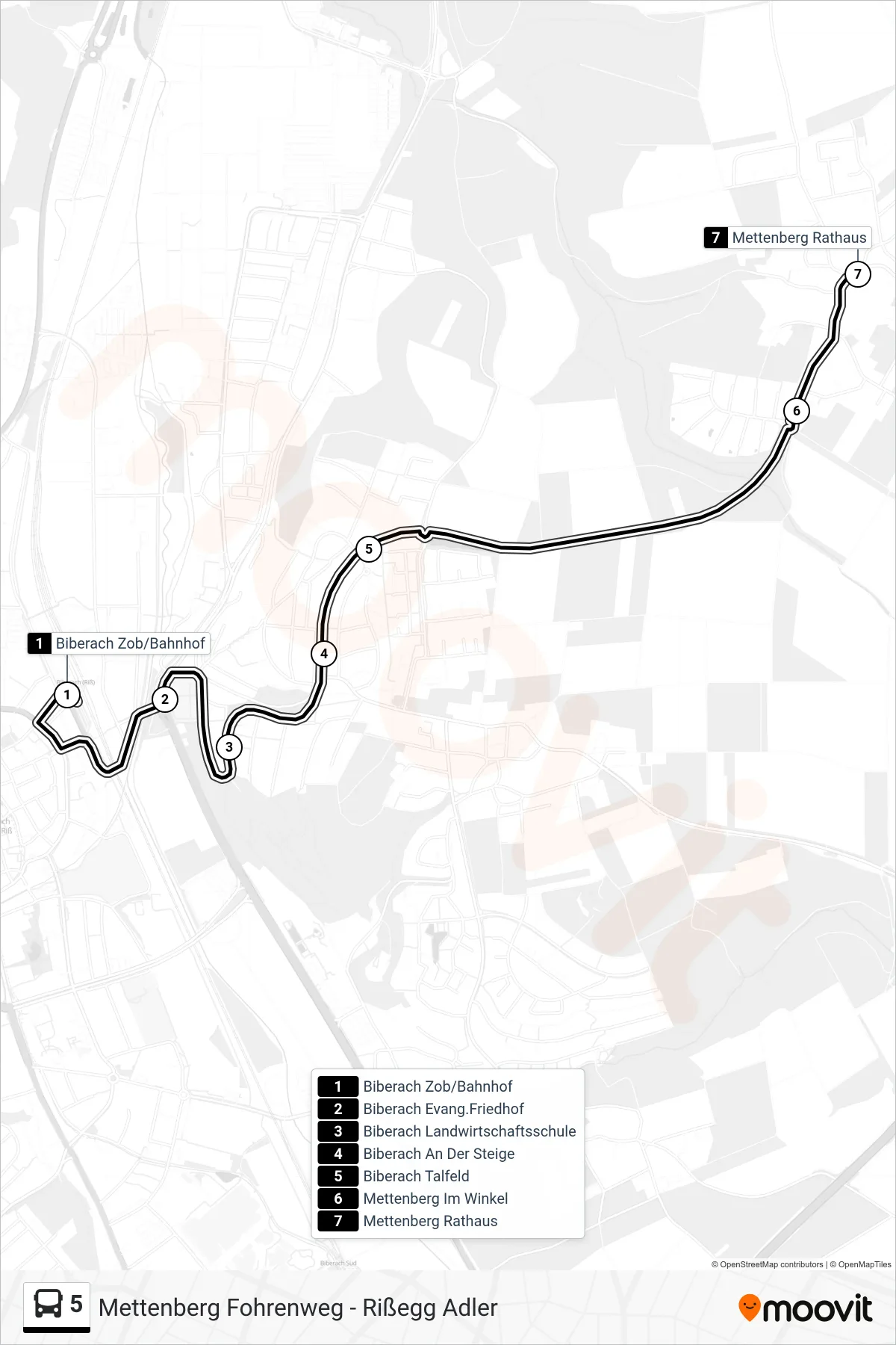 5 bus Line (Mettenberg Rathaus) route and stops on a map