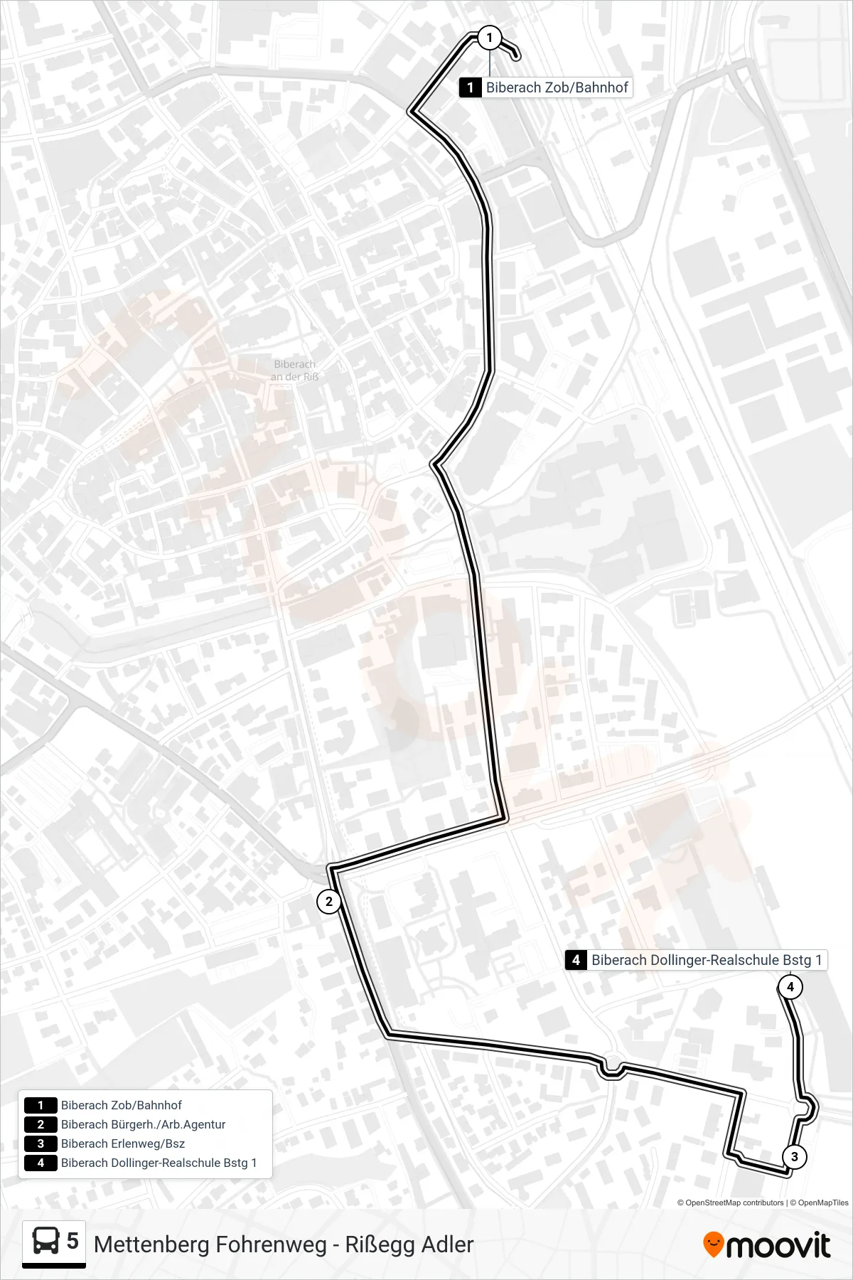 5 bus Line (Biberach Dollinger-Realschule) route and stops on a map