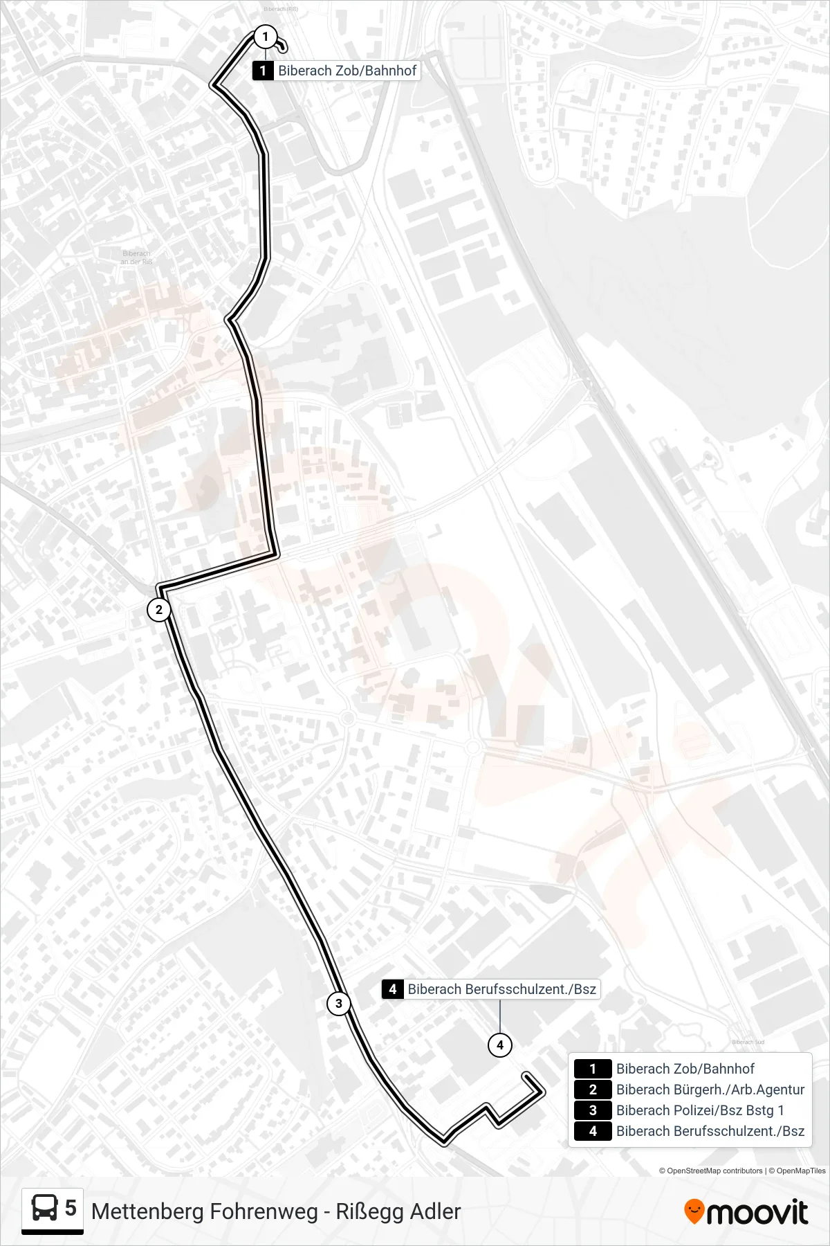 5 bus Line (Biberach Berufsschulzent./Bsz) route and stops on a map