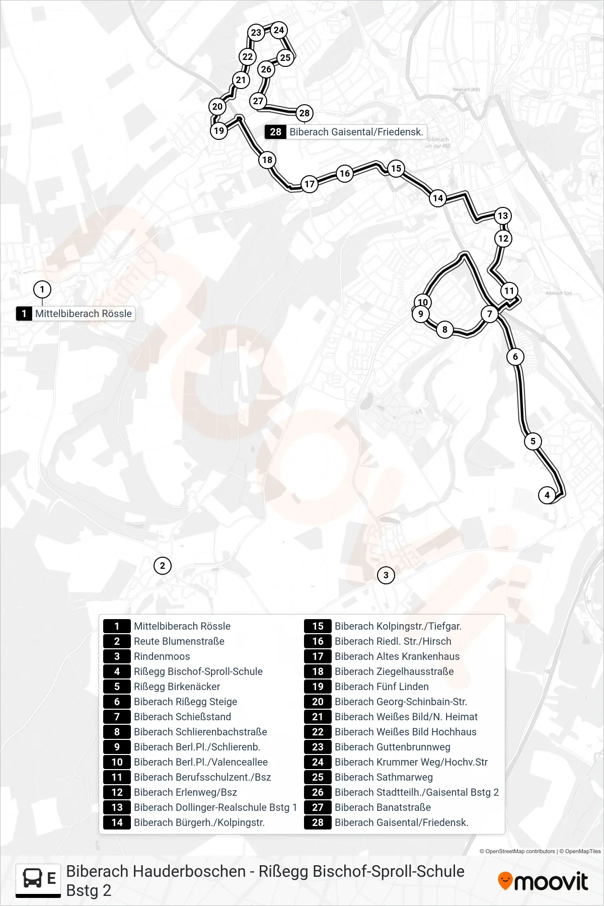 Linie E (Bus) Richtung Biberach Gaisental/Friedensk.: Route und Haltestellen auf der Karte