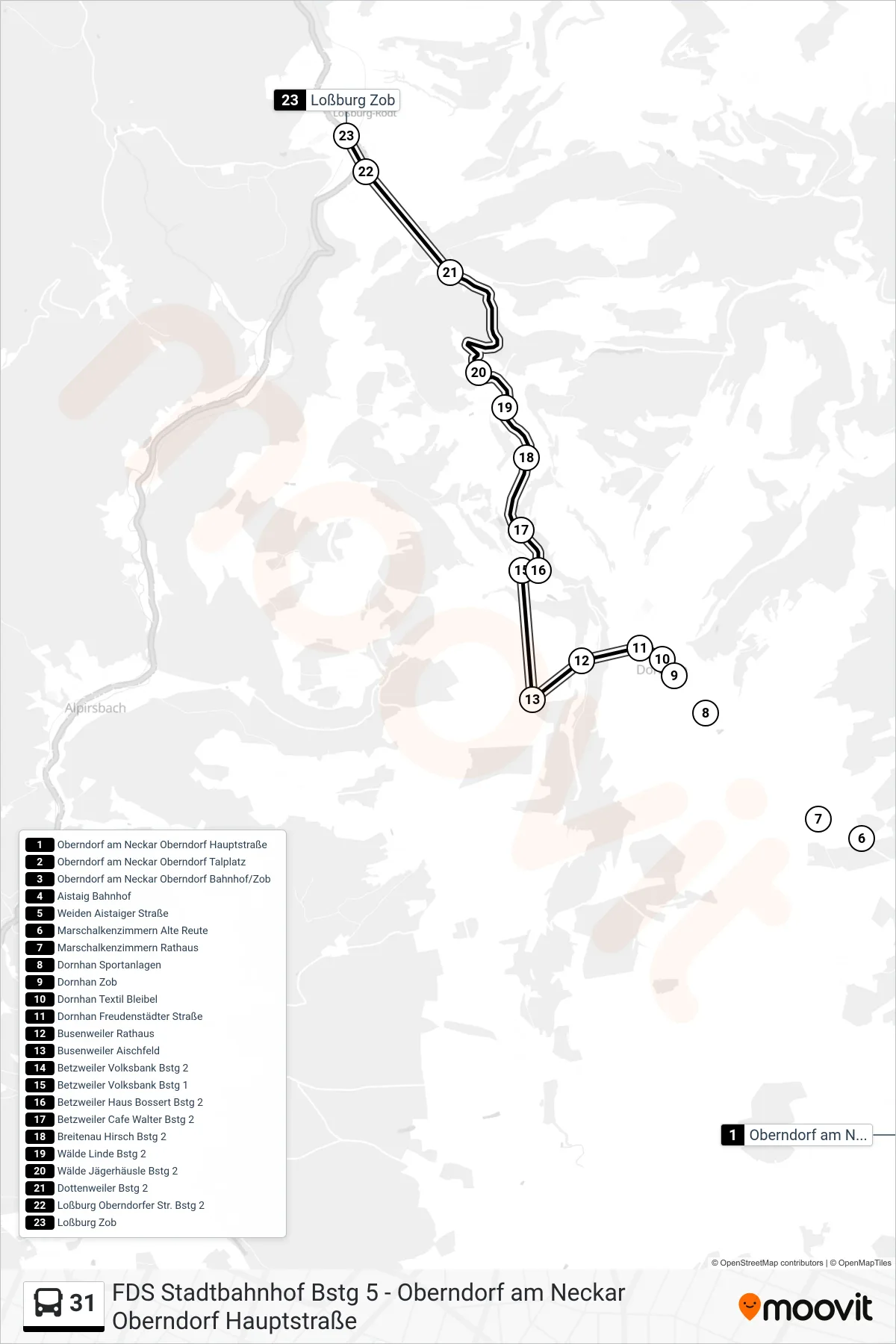31 bus Line (Loßburg Zob) route and stops on a map