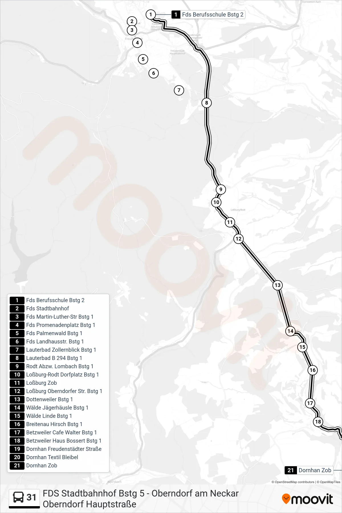 31 bus Line (Dornhan Zob) route and stops on a map