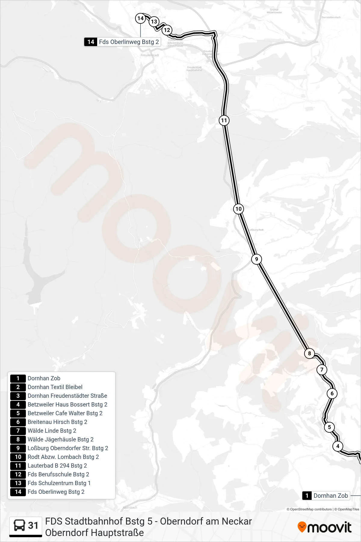 31 bus Line (Fds Oberlinweg) route and stops on a map