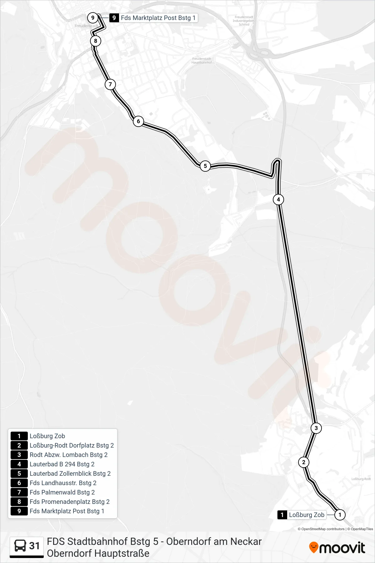31 bus Line (Fds Marktplatz Post) route and stops on a map