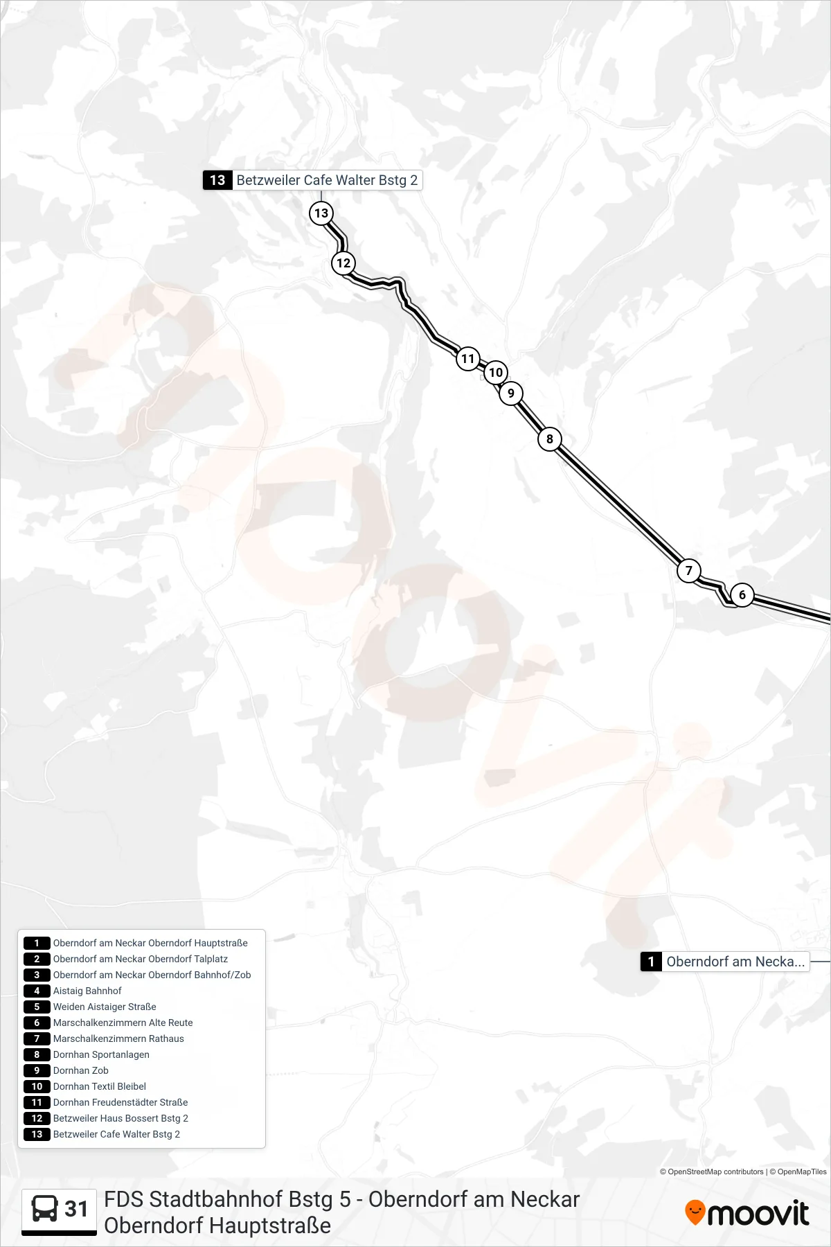 31 bus Line (Betzweiler Cafe Walter) route and stops on a map