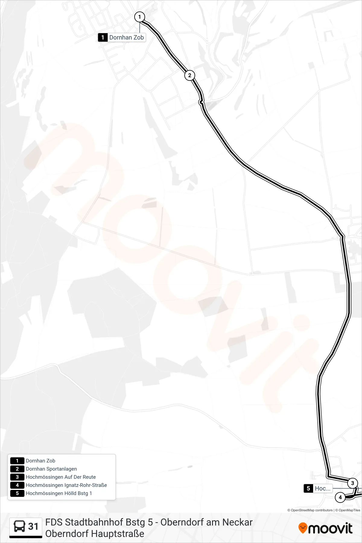31 bus Line (Hochmössingen Hölld) route and stops on a map
