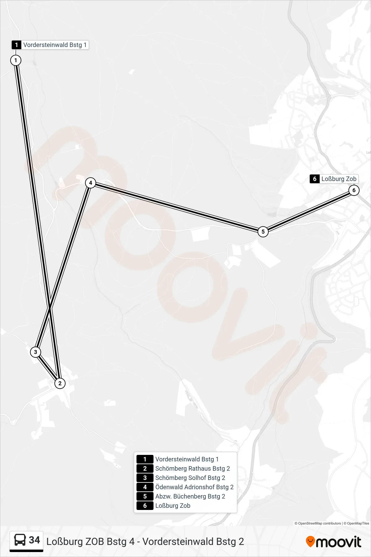 34 bus Line (Loßburg Zob) route and stops on a map
