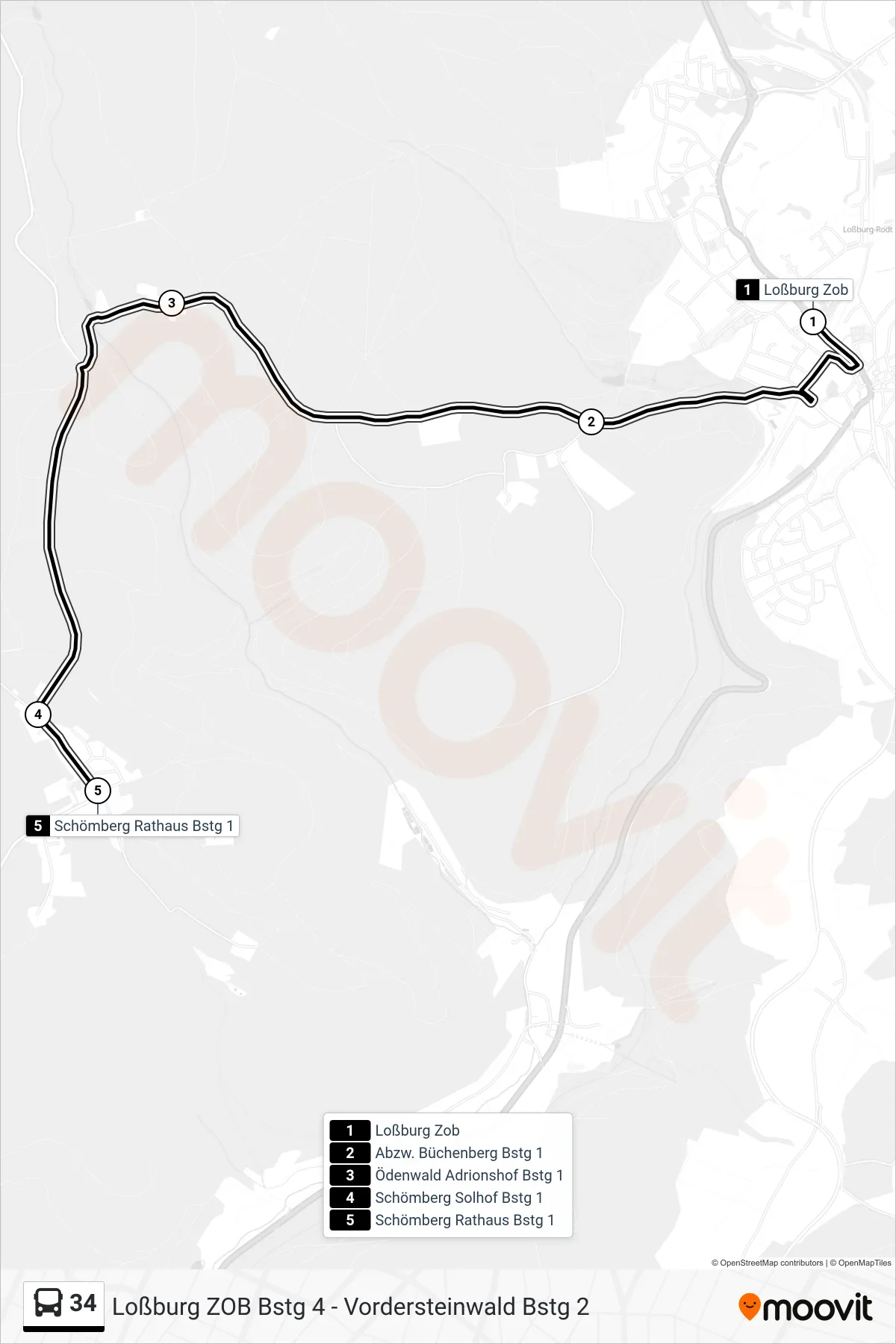 34 bus Line (Schömberg Rathaus) route and stops on a map