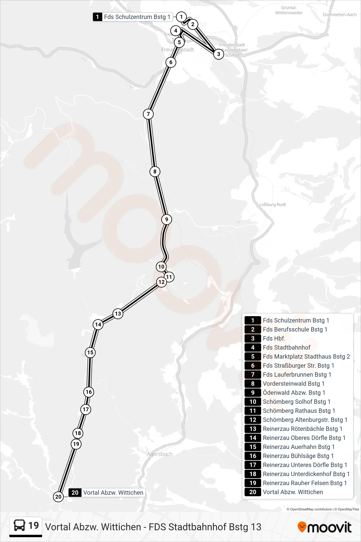 Linie 19 (Bus) Richtung Vortal Abzw. Wittichen: Route und Haltestellen auf der Karte