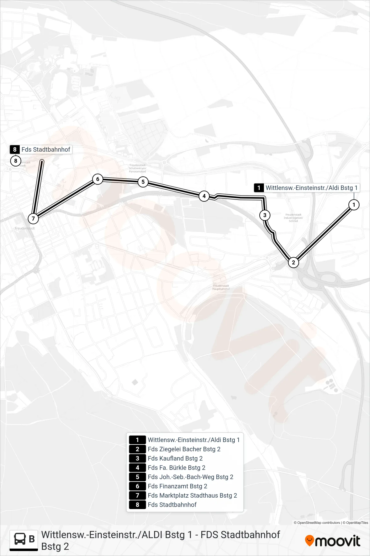 Linie B (Bus) Richtung Fds Stadtbahnhof: Route und Haltestellen auf der Karte