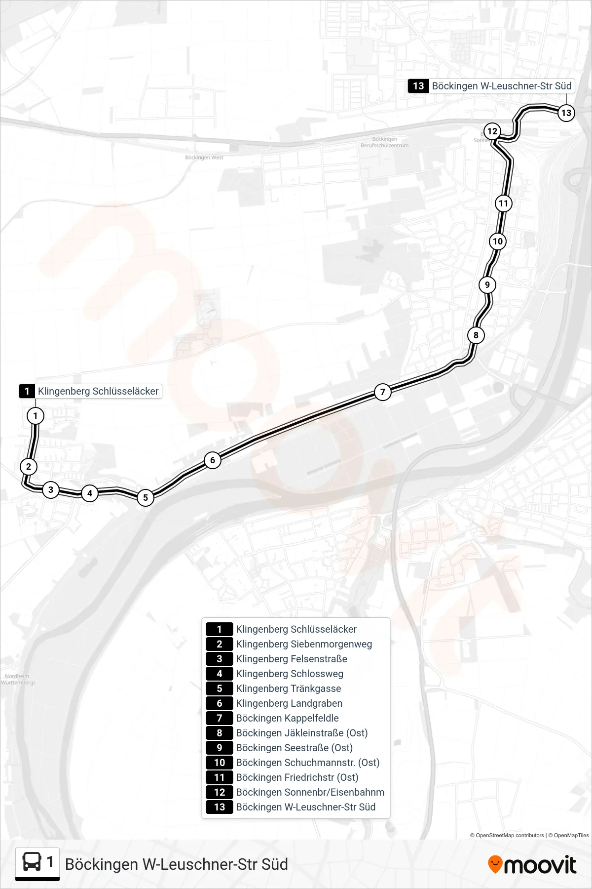 1 bus Line (Böckingen W-Leuschner-Str Süd) route and stops on a map