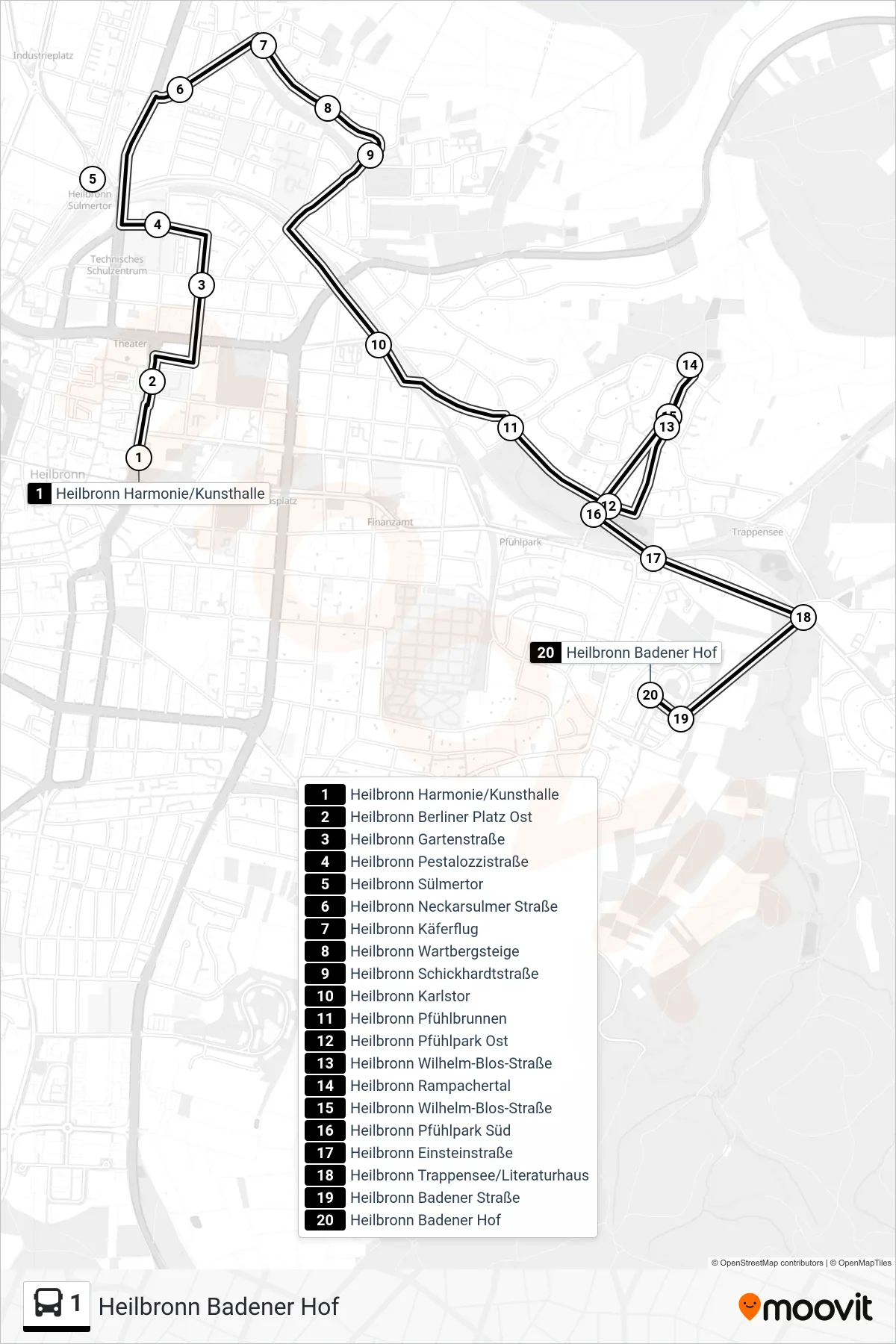 1 bus Line (Heilbronn Badener Hof) route and stops on a map