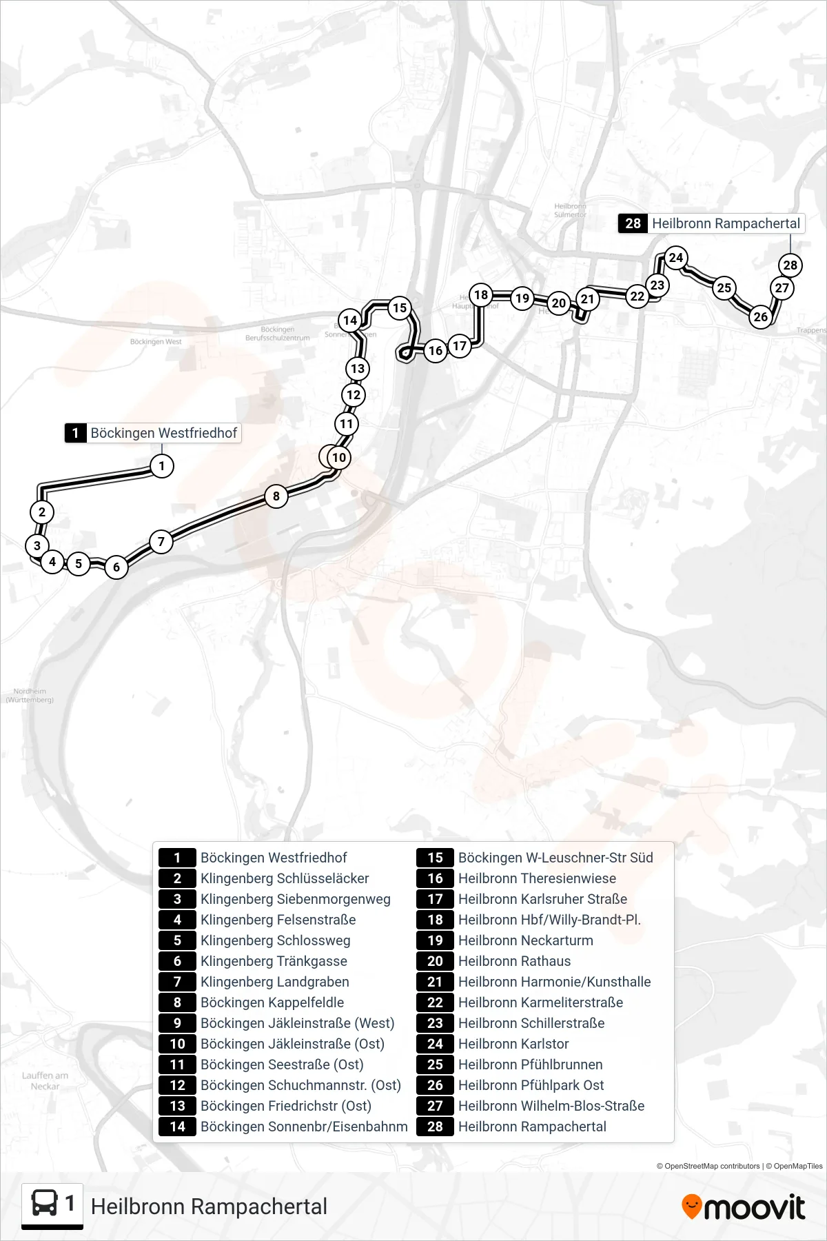 1 bus Line (Heilbronn Rampachertal) route and stops on a map