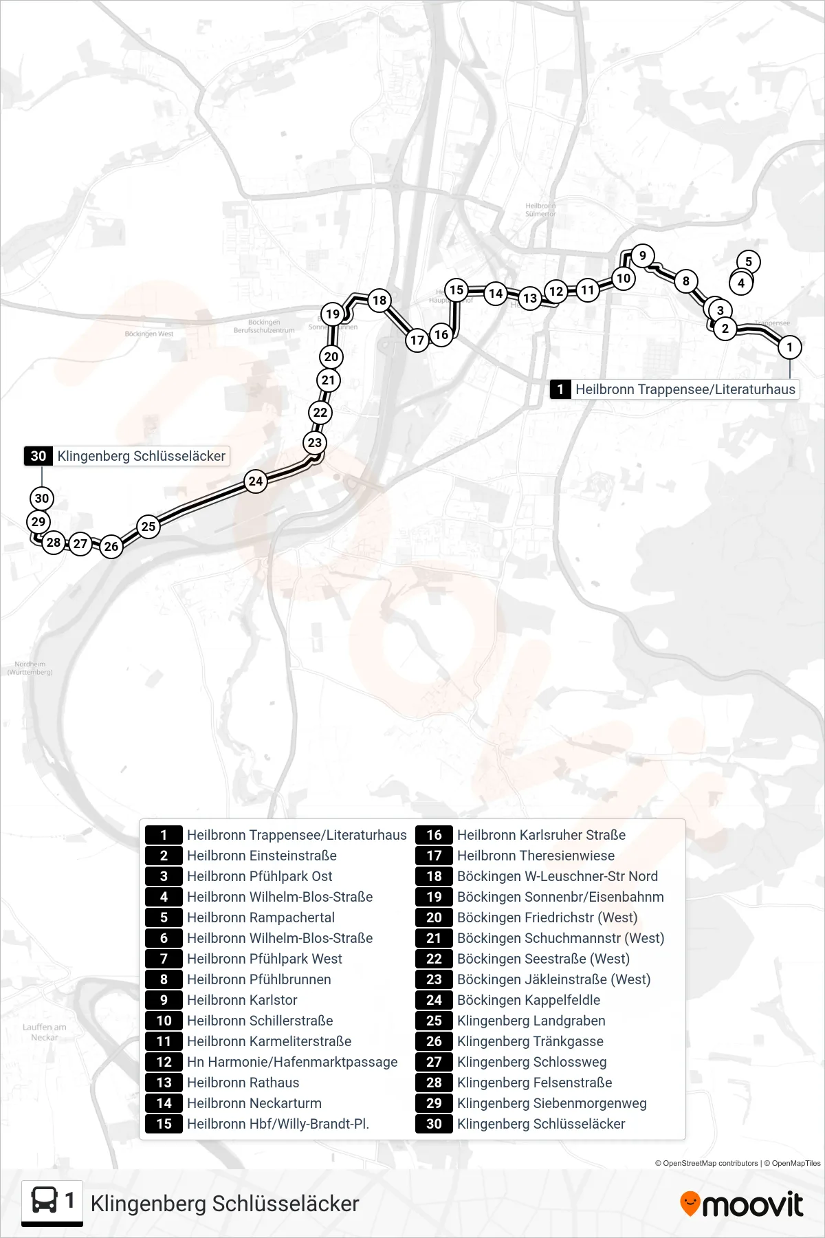1 bus Line (Klingenberg Schlüsseläcker) route and stops on a map