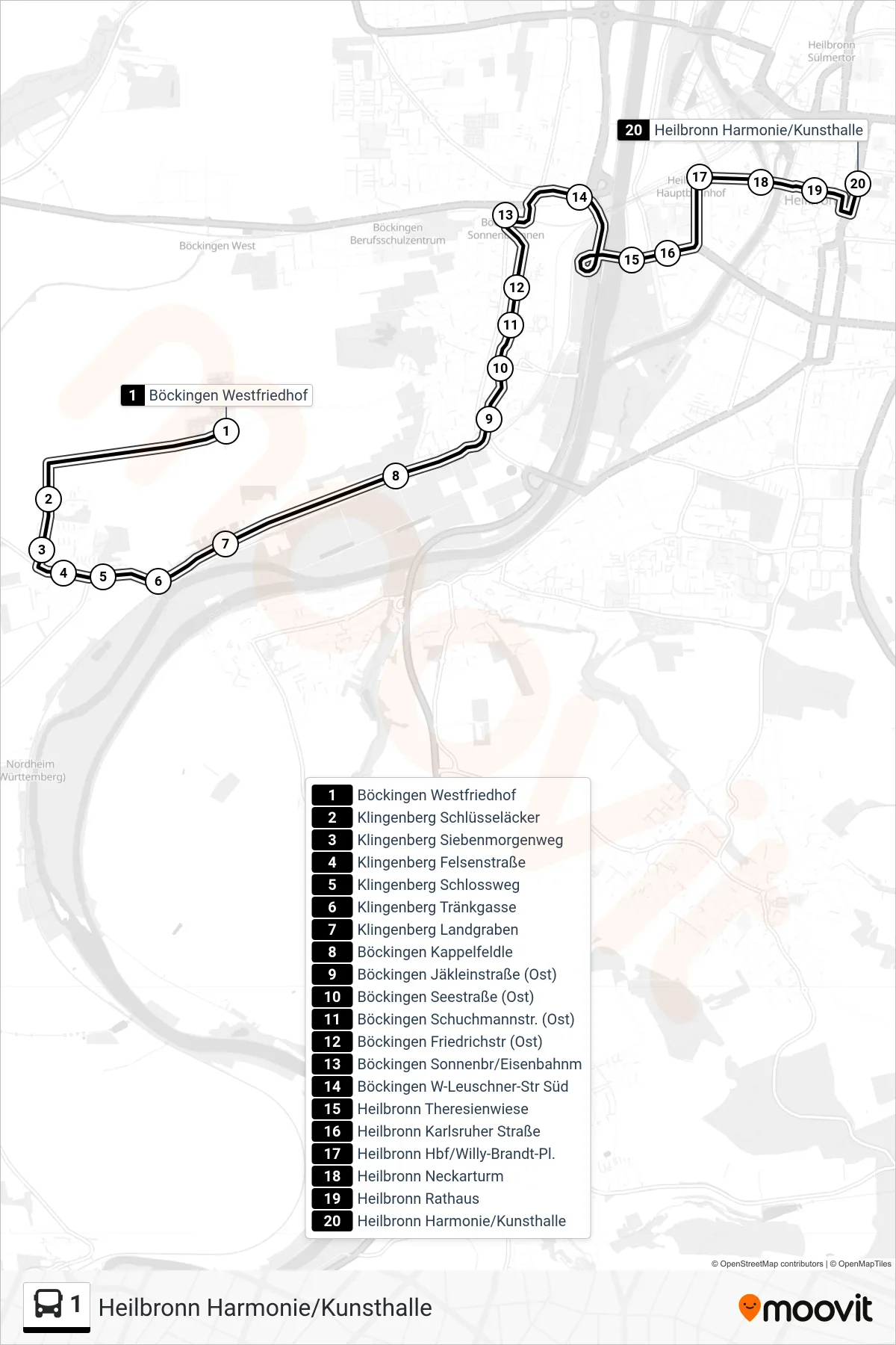 1 bus Line (Heilbronn Harmonie/Kunsthalle) route and stops on a map