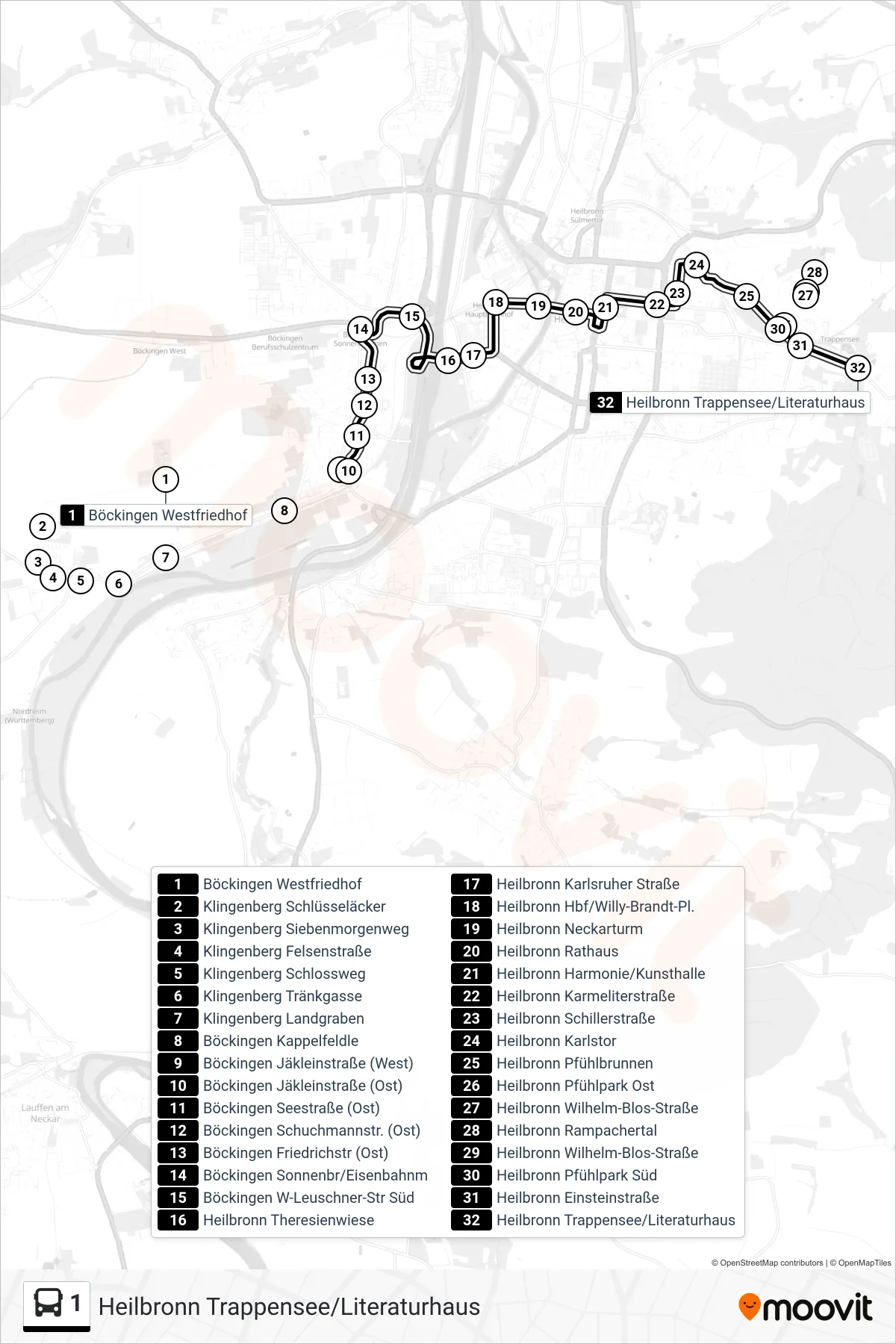 1 bus Line (Heilbronn Trappensee/Literaturhaus) route and stops on a map