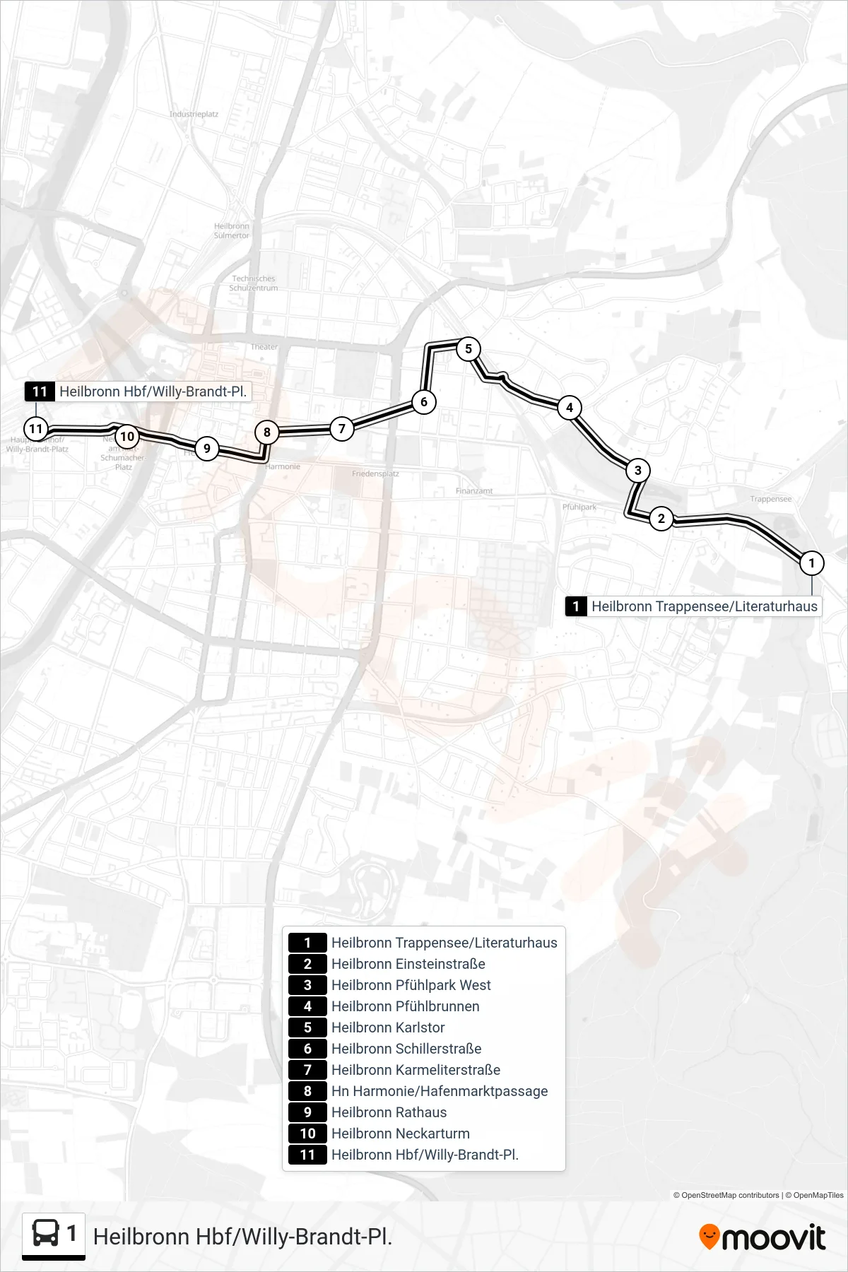 1 bus Line (Heilbronn Hbf/Willy-Brandt-Pl.) route and stops on a map