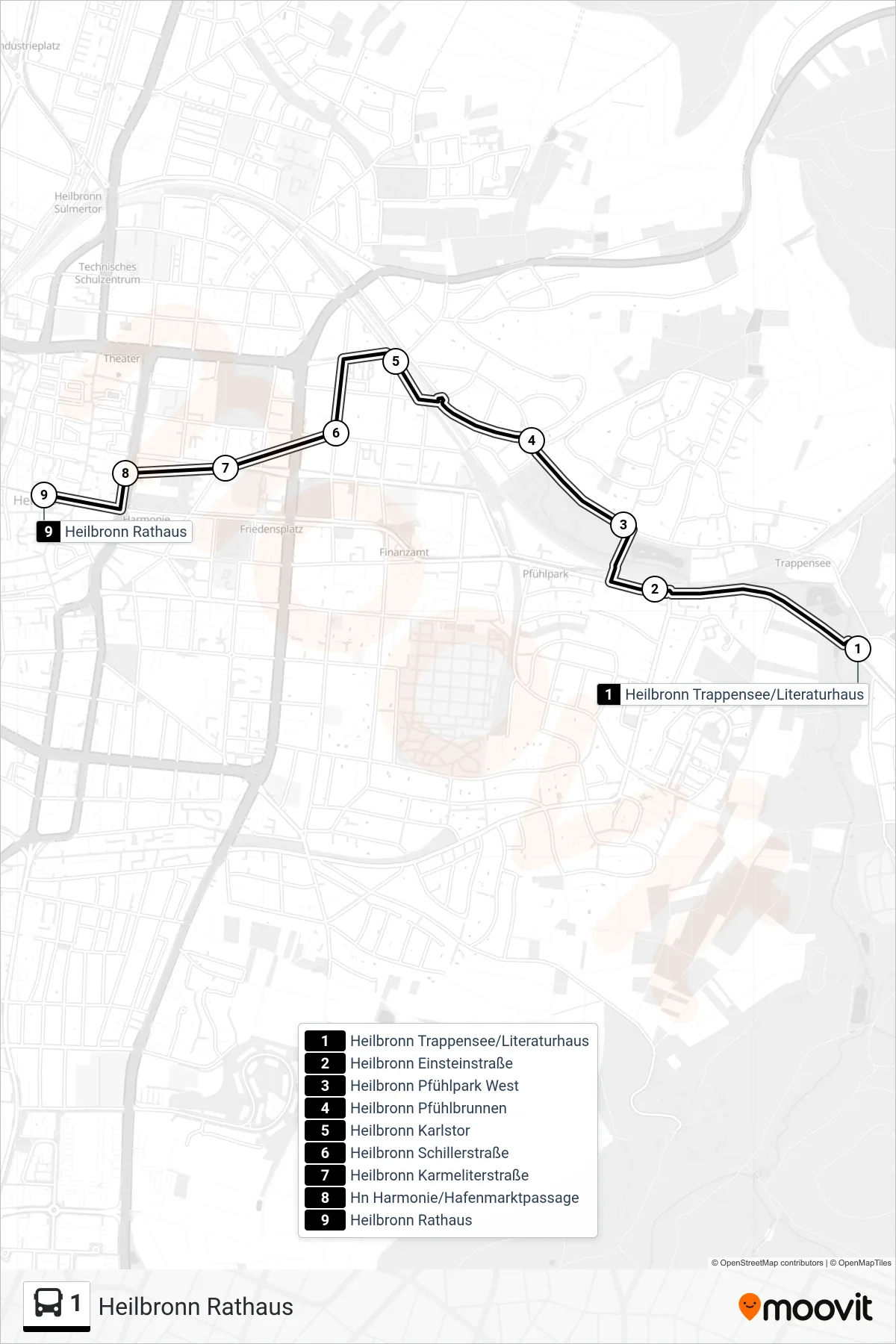 1 bus Line (Heilbronn Rathaus) route and stops on a map