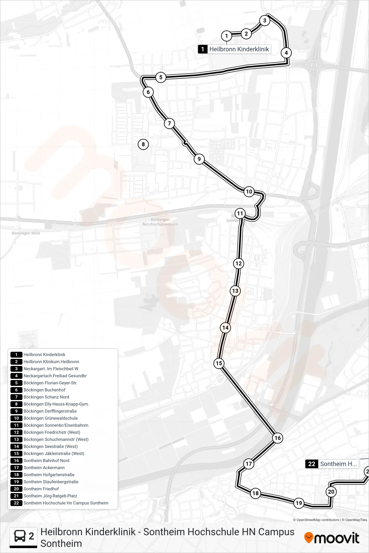 Linie 2 (Bus) Richtung Sontheim Hochschule Hn Campus Sontheim: Route und Haltestellen auf der Karte