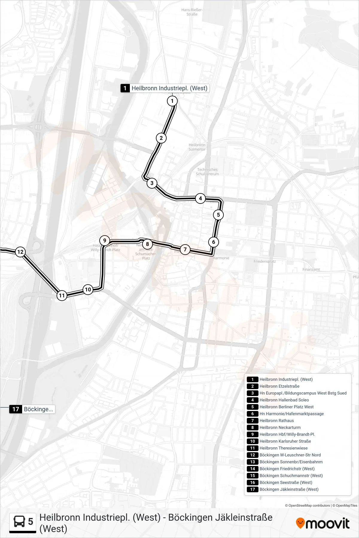 5 bus Line (Böckingen Jäkleinstraße (West)) route and stops on a map