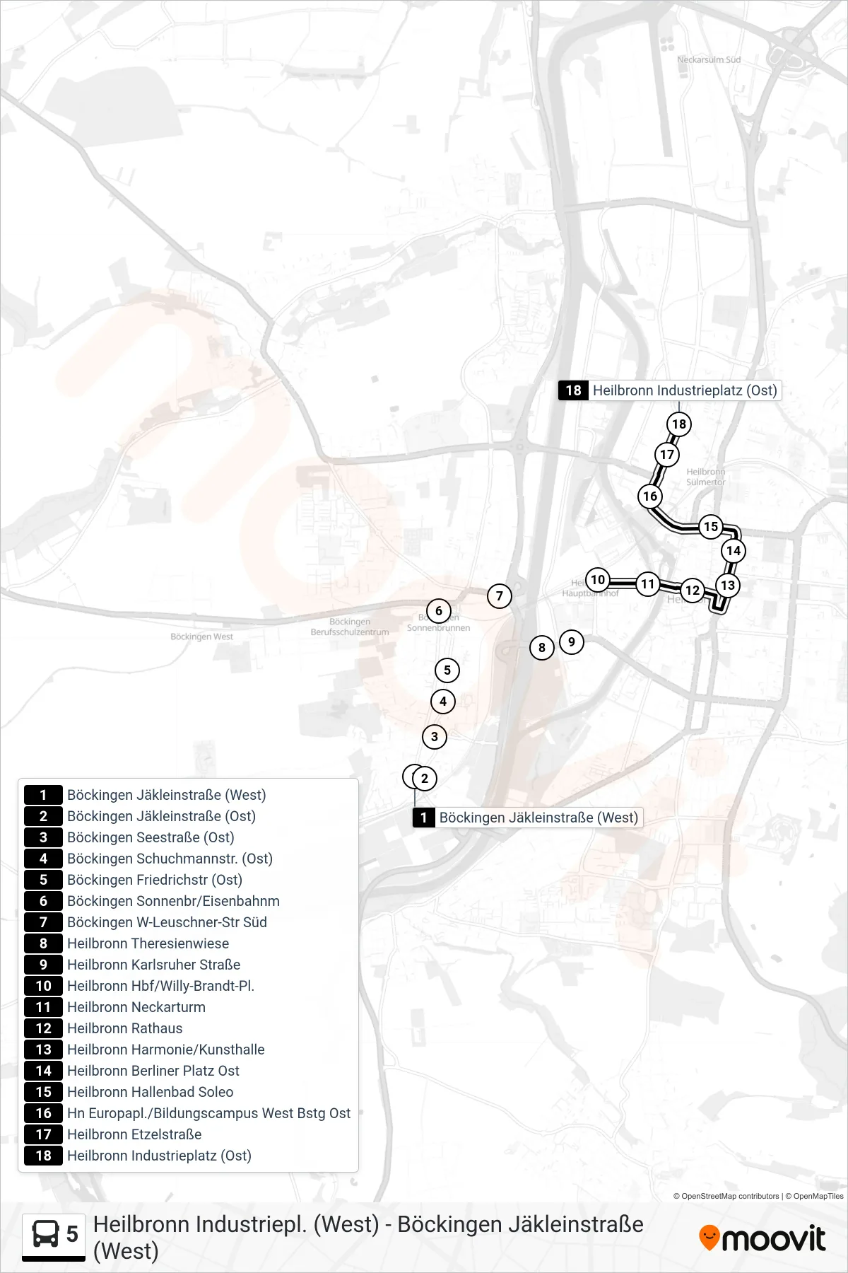 Linie 5 (Bus) Richtung Heilbronn Industrieplatz (Ost): Route und Haltestellen auf der Karte