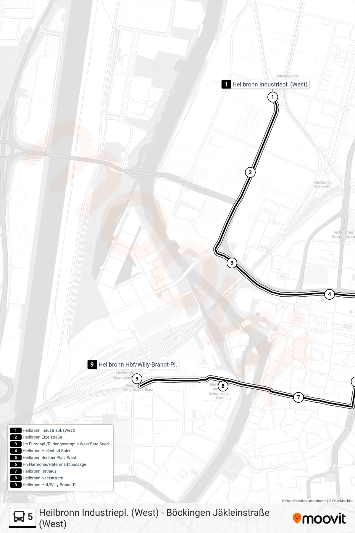 5 bus Line (Heilbronn Hbf/Willy-Brandt-Pl.) route and stops on a map
