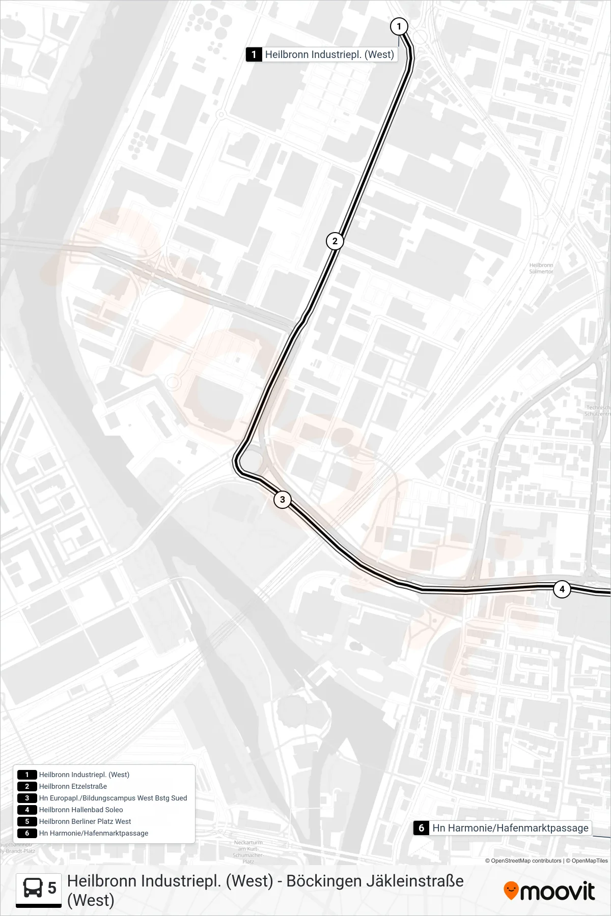 5 bus Line (Hn Harmonie/Hafenmarktpassage) route and stops on a map